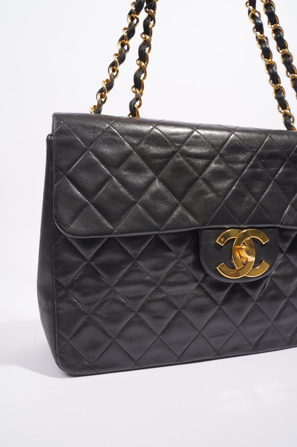 Chanel Womens Single Flap Black Lambskin / Gold Large