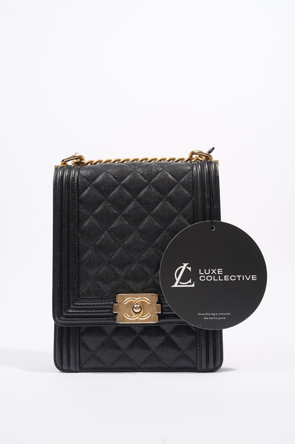 Chanel Womens North South Boy Bag Black Caviar Leather / Gold