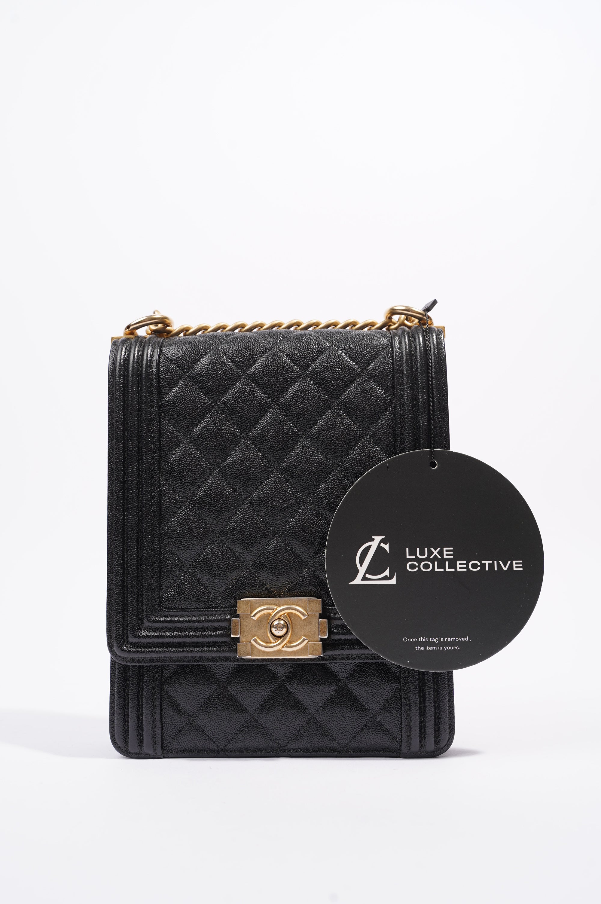 Chanel Womens North South Boy Bag Black Caviar Leather / Gold