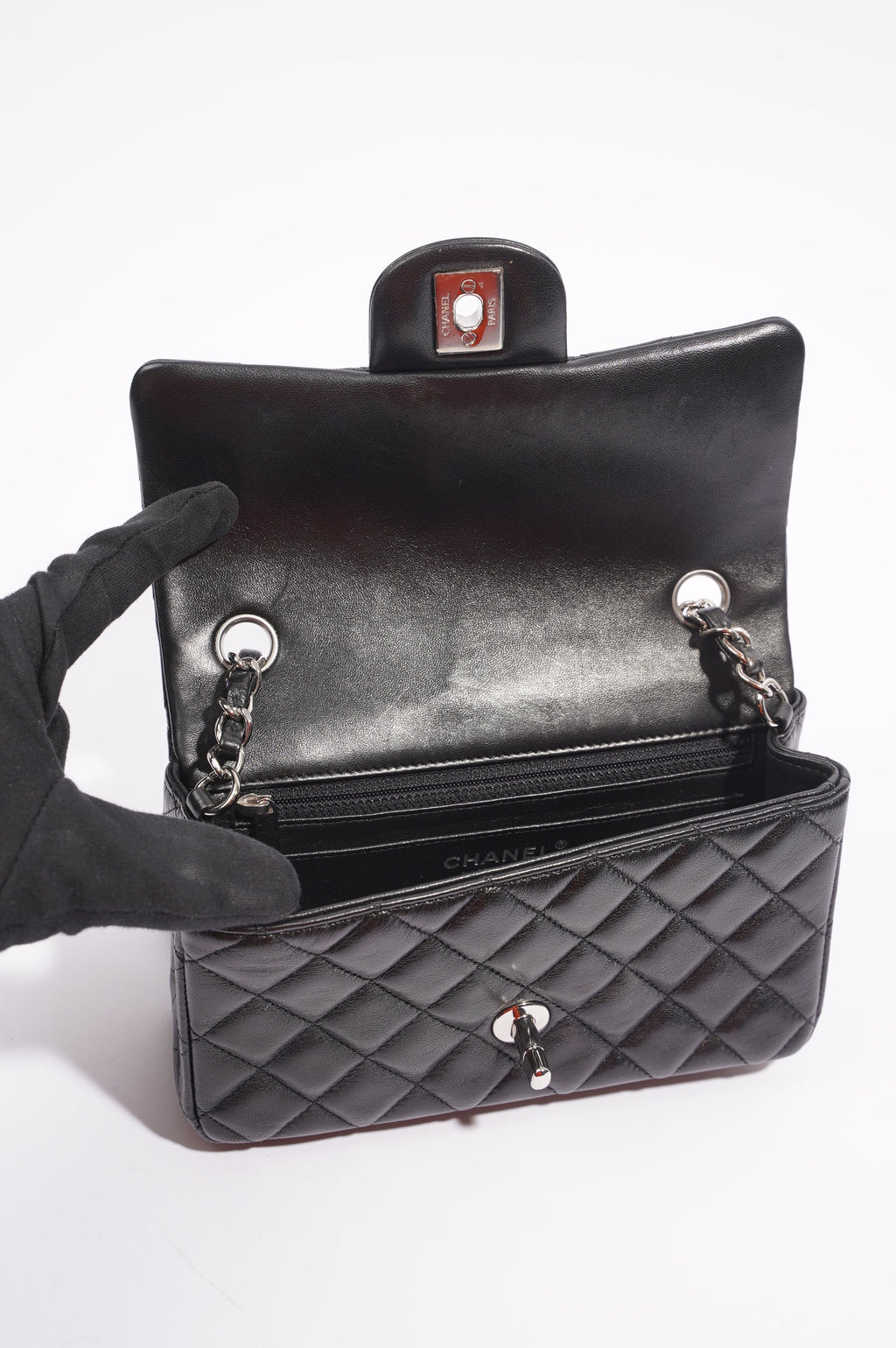 Chanel Womens Lambskin Flap Bag Black Mini