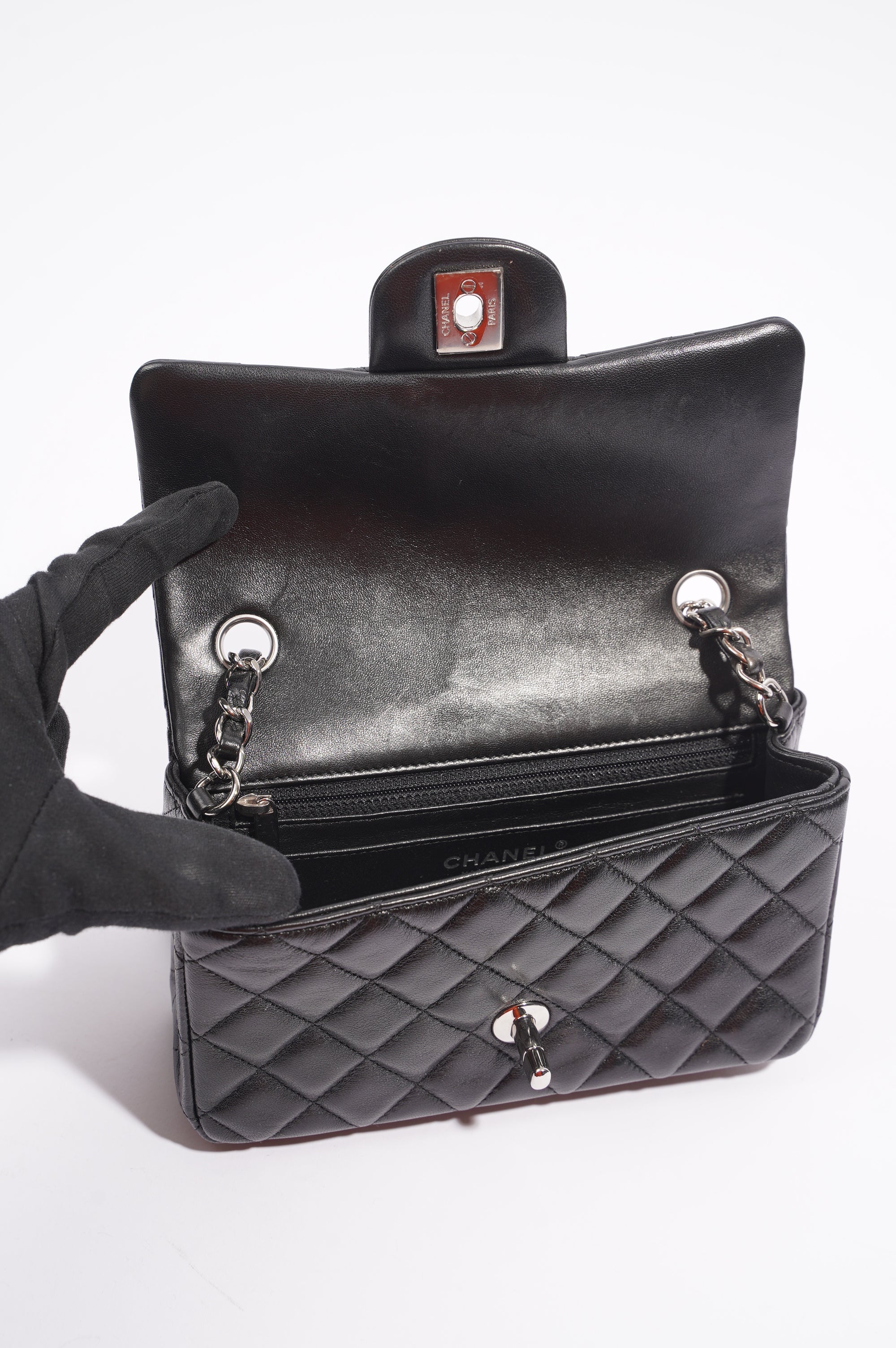 Chanel Womens Lambskin Flap Bag Black Mini