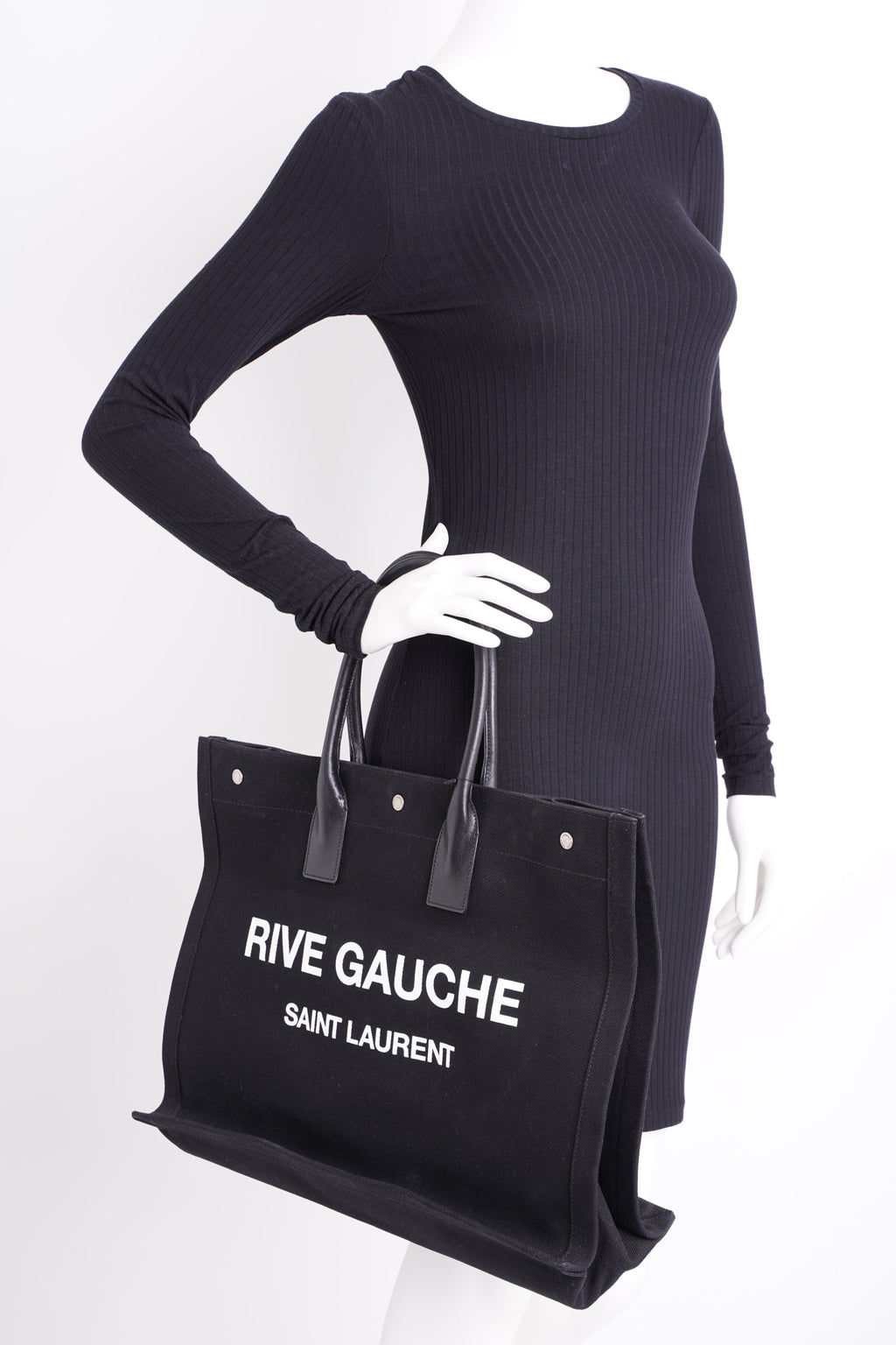 Saint Laurent Womens Rive Gauche Tote Black Canvas Large