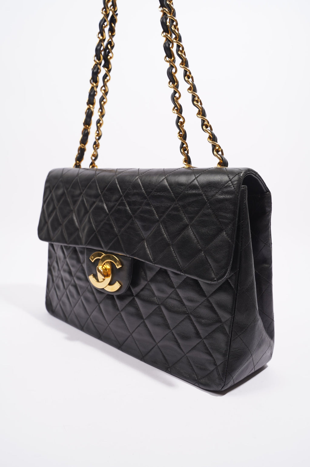Chanel Womens Single Flap Black Lambskin / Gold Large