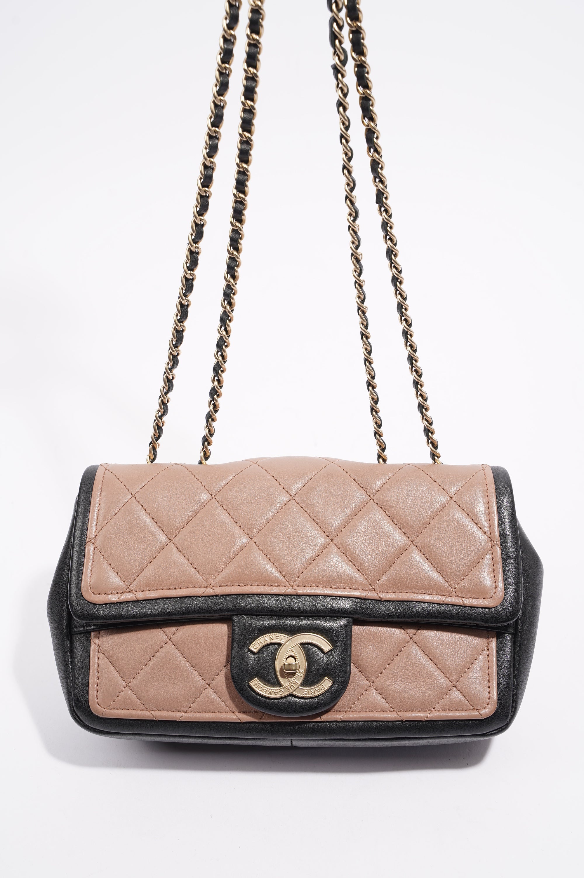 Chanel Womens Lambskin Quilted Two Tone Bag Nude / Black Small