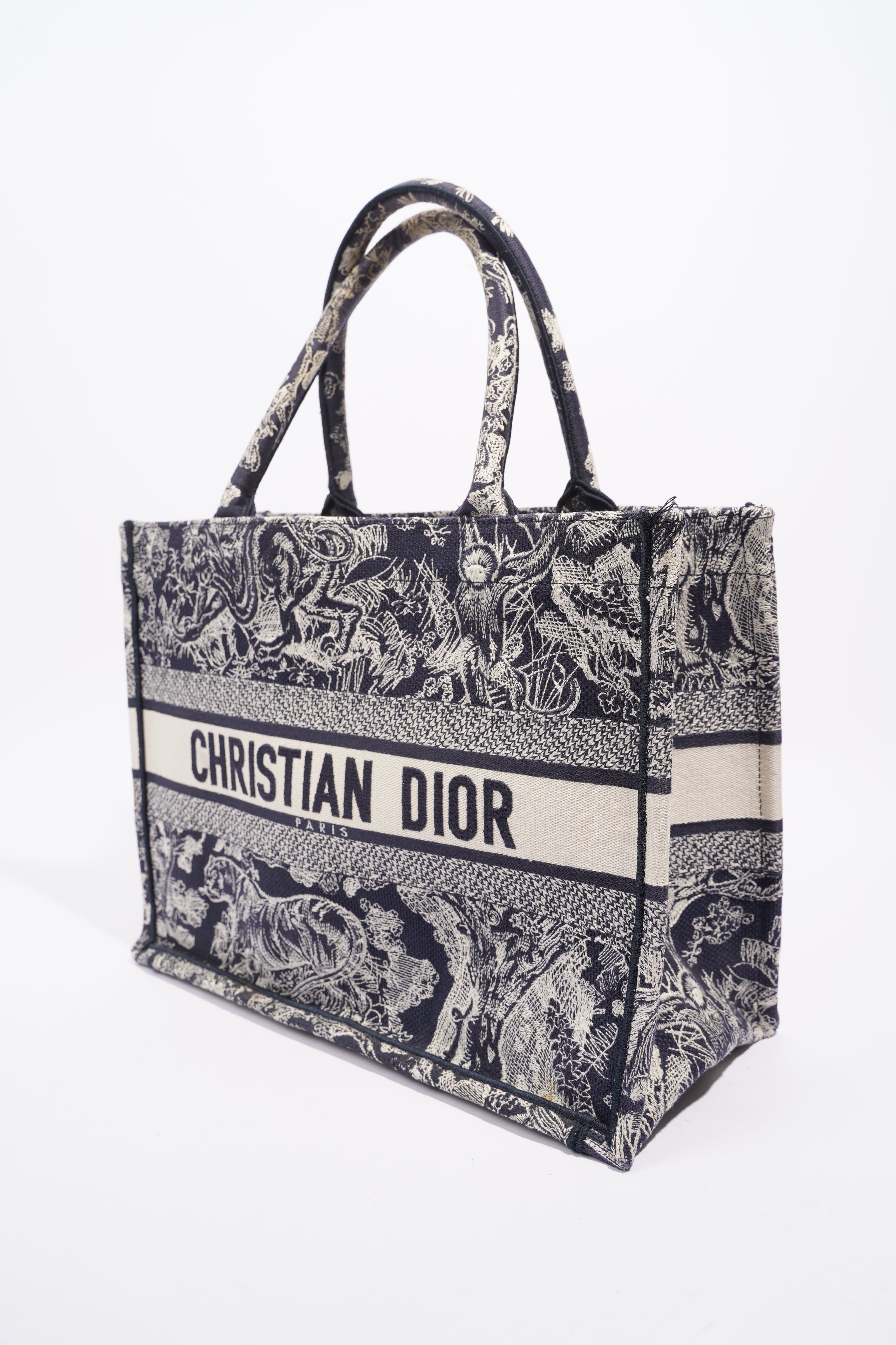 Christian Dior Womens Book Tote Blue Toile de Jouy Reverse Embroidery Medium