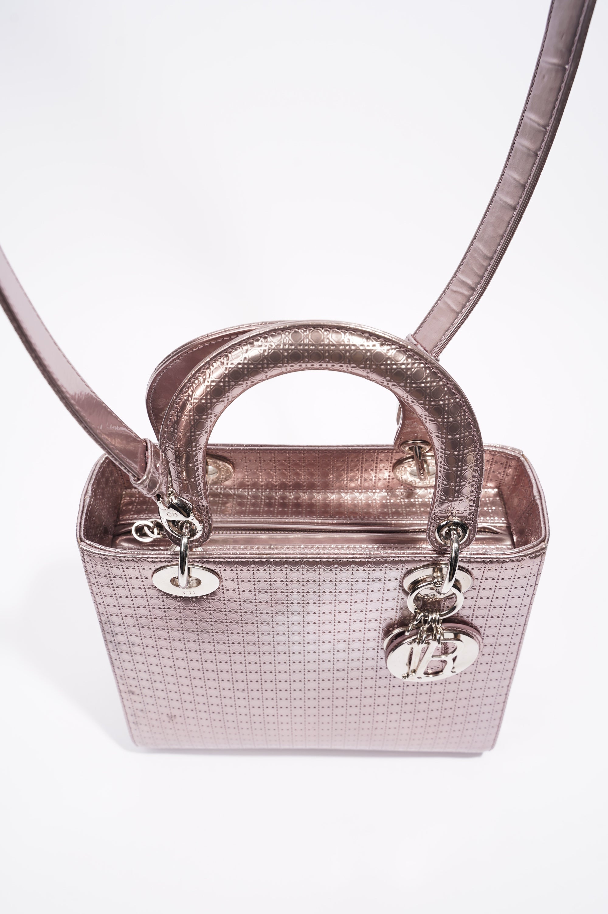 Christian Dior Womens Lady Dior Bag Metallic Lilac Patent Leather Medium