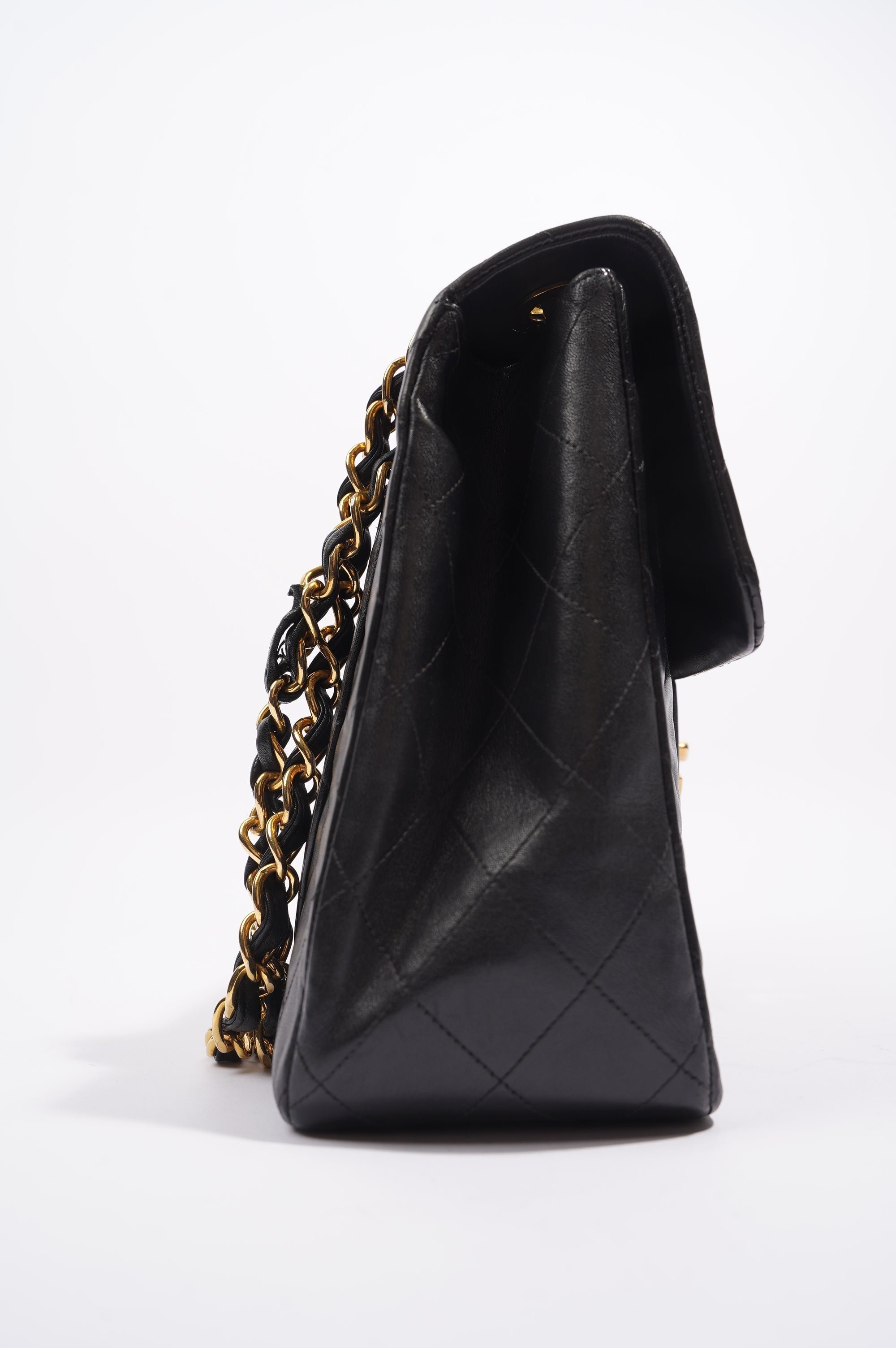 Chanel Womens Single Flap Black Lambskin / Gold Large