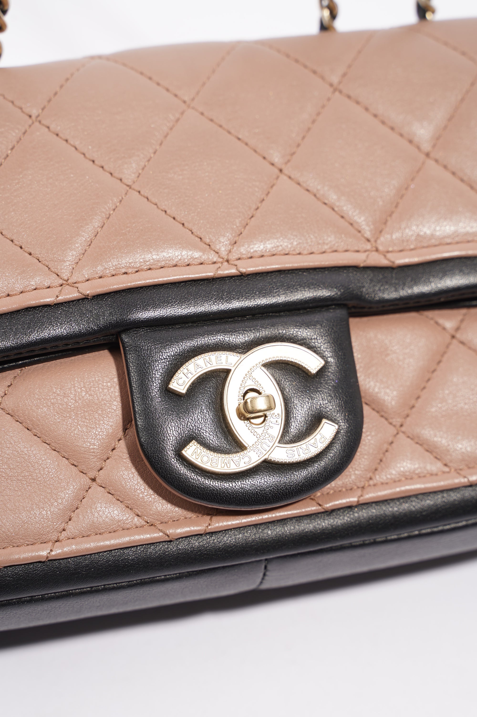 Chanel Womens Lambskin Quilted Two Tone Bag Nude / Black Small
