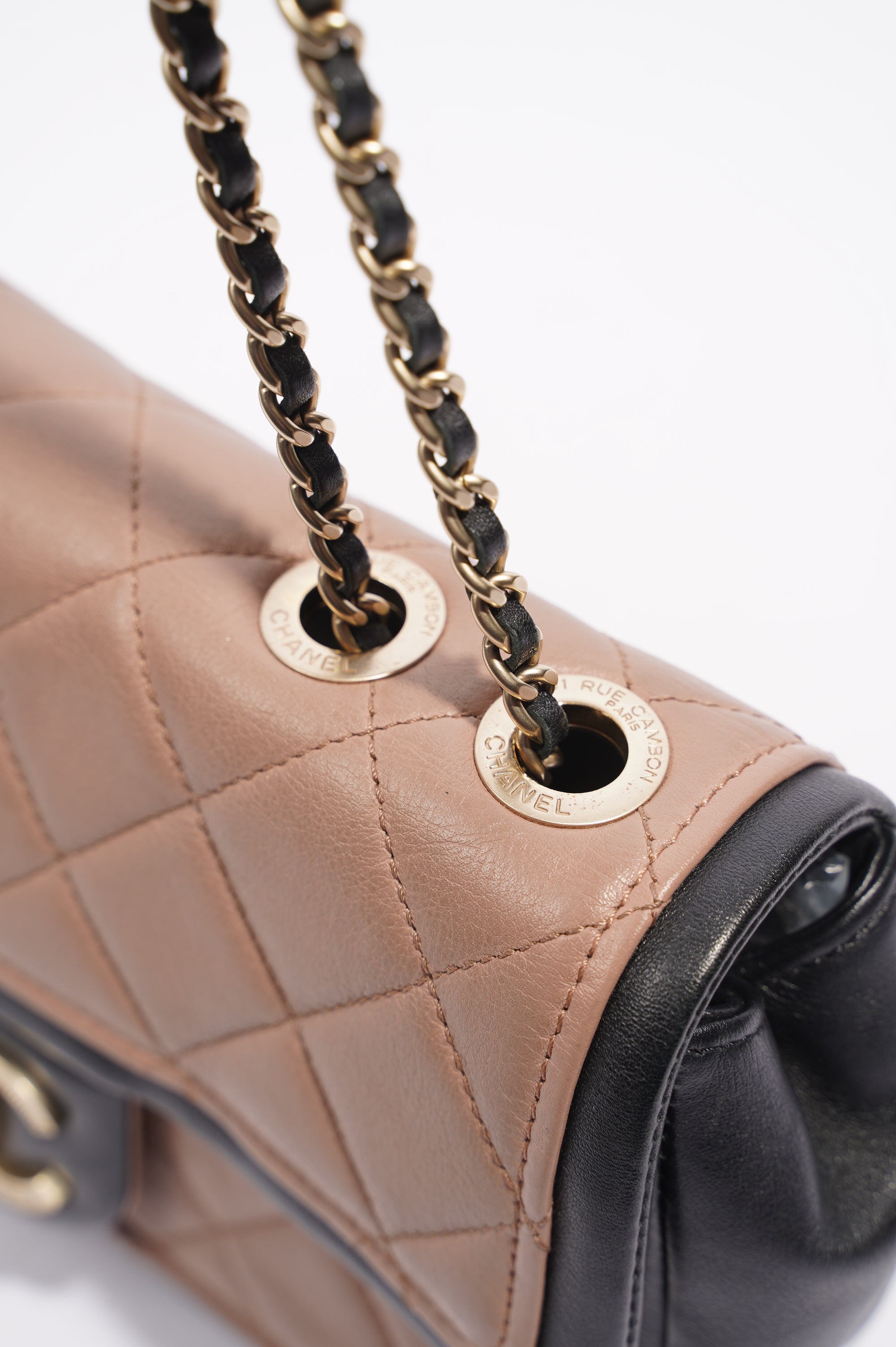 Chanel Womens Lambskin Quilted Two Tone Bag Nude / Black Small