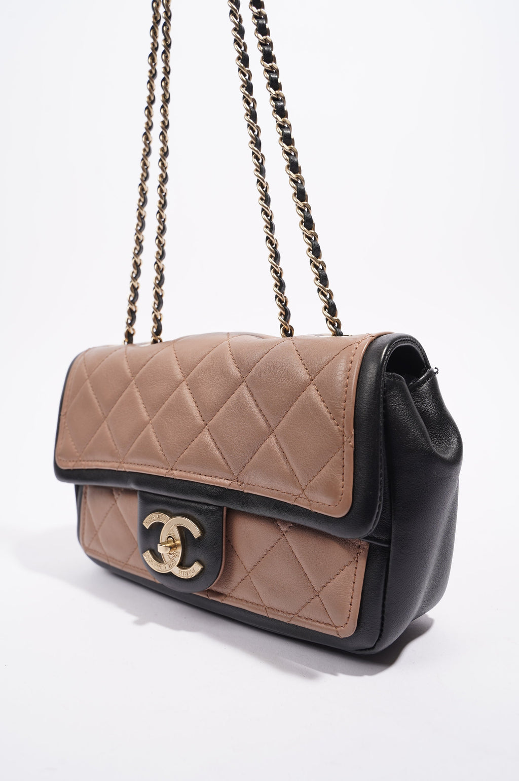 Chanel Womens Lambskin Quilted Two Tone Bag Nude / Black Small