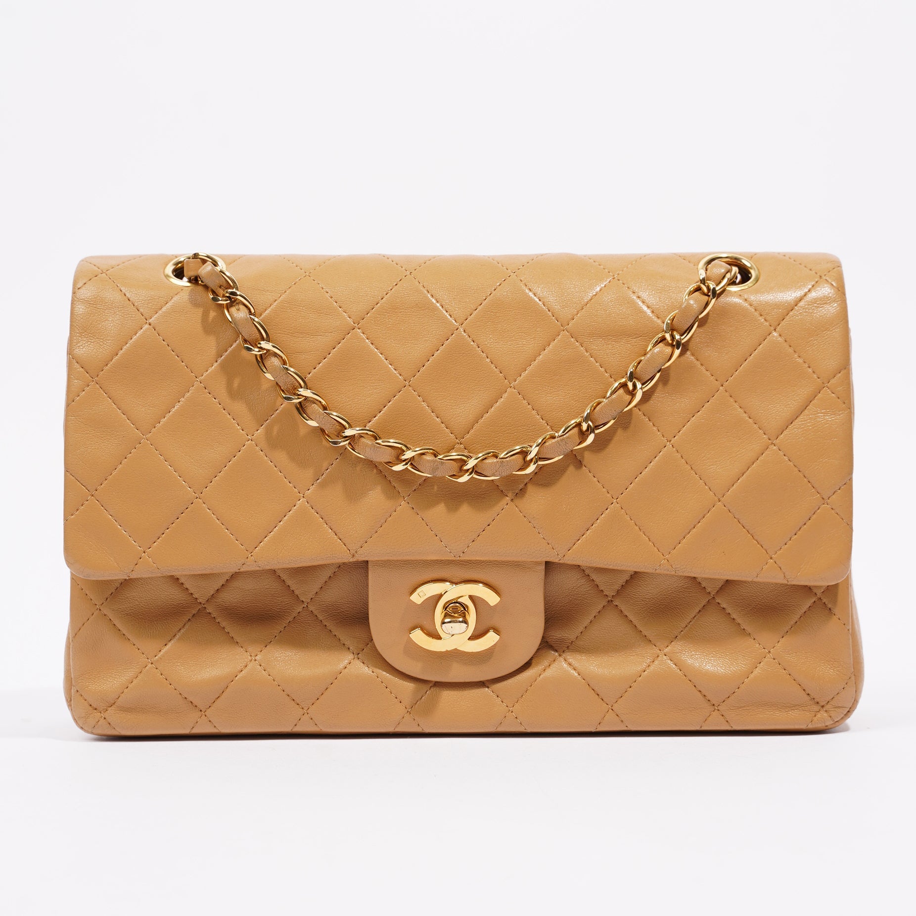 Chanel Womens Lambskin Classic Flap Beige Medium