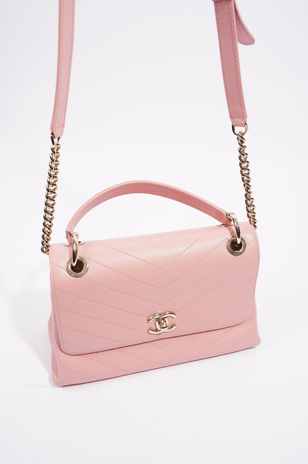 Chanel Womens Chevron Chic Top Handle Bag Pink Caviar Small