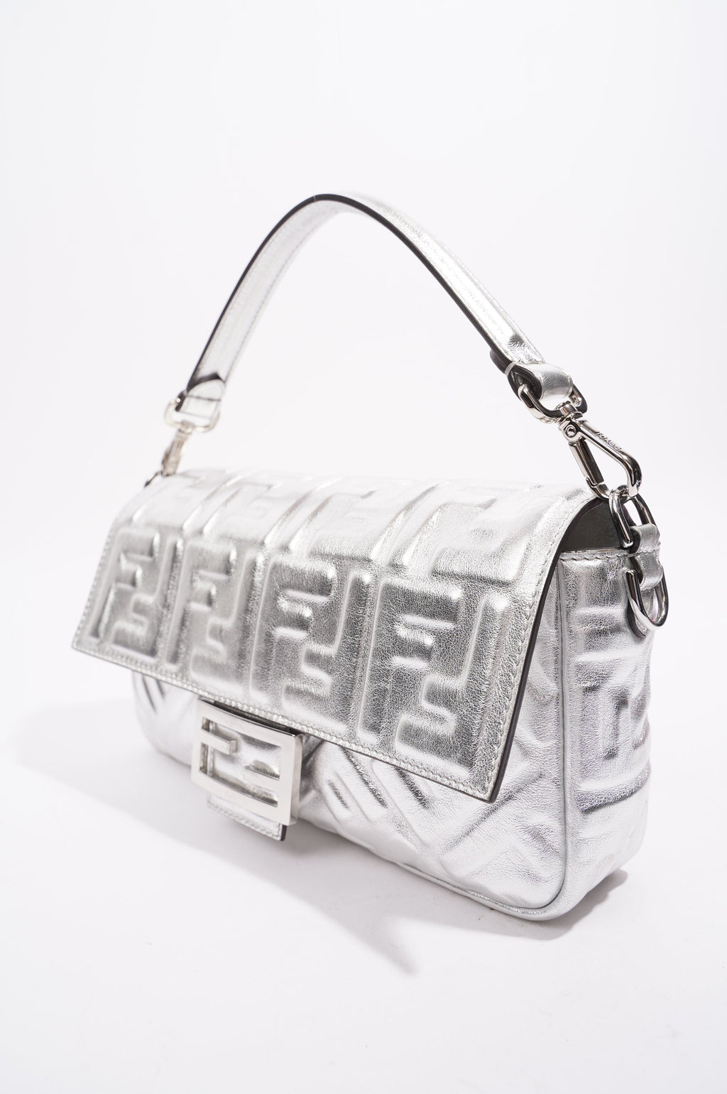 Fendi Womens Baguette Bag Silver Leather
