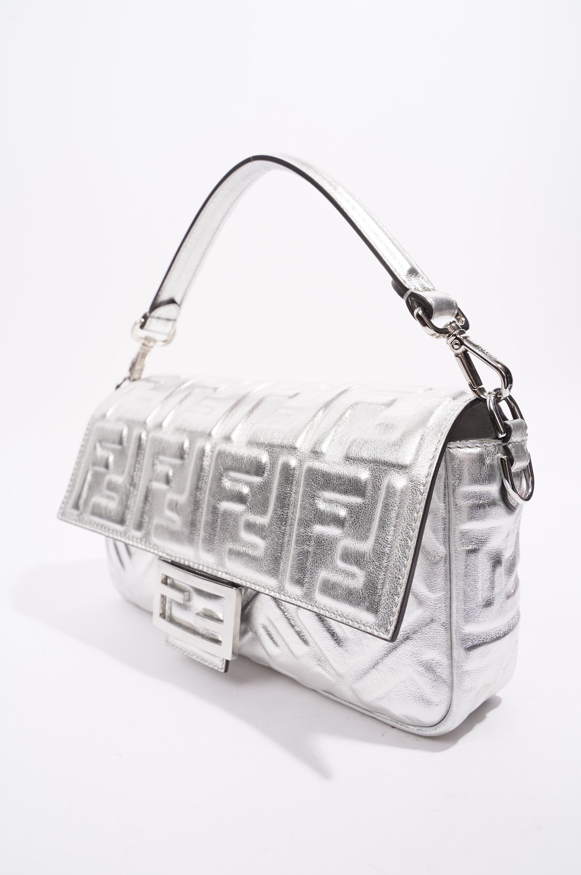 Fendi Womens Baguette Bag Silver Leather