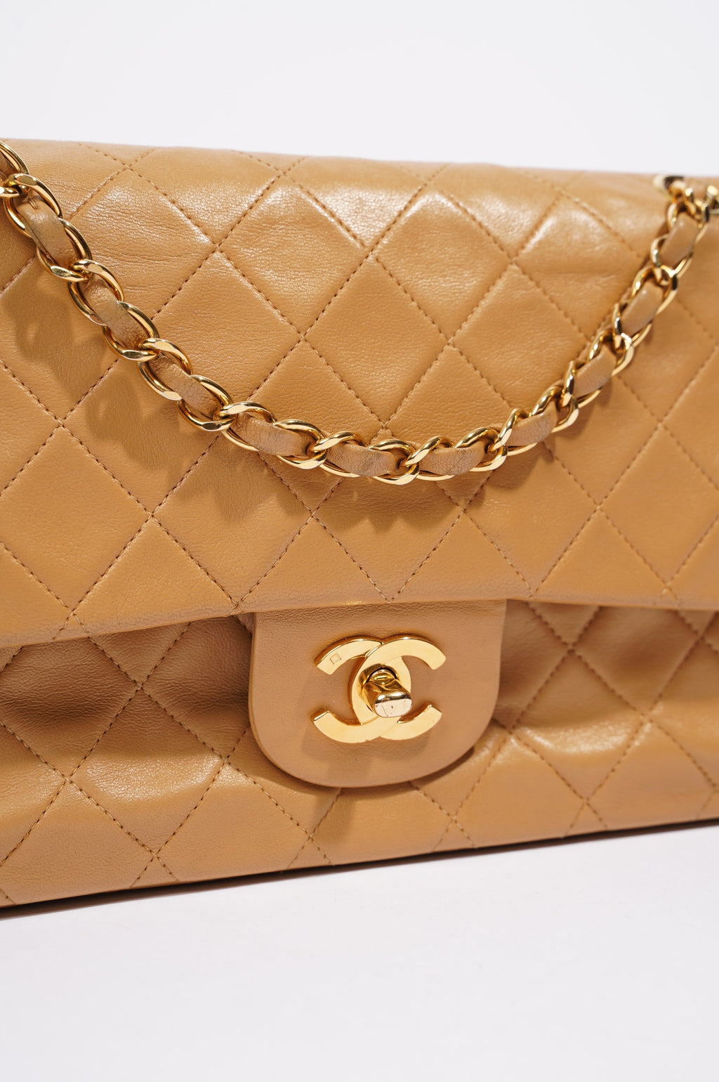 Chanel Womens Lambskin Classic Flap Beige Medium