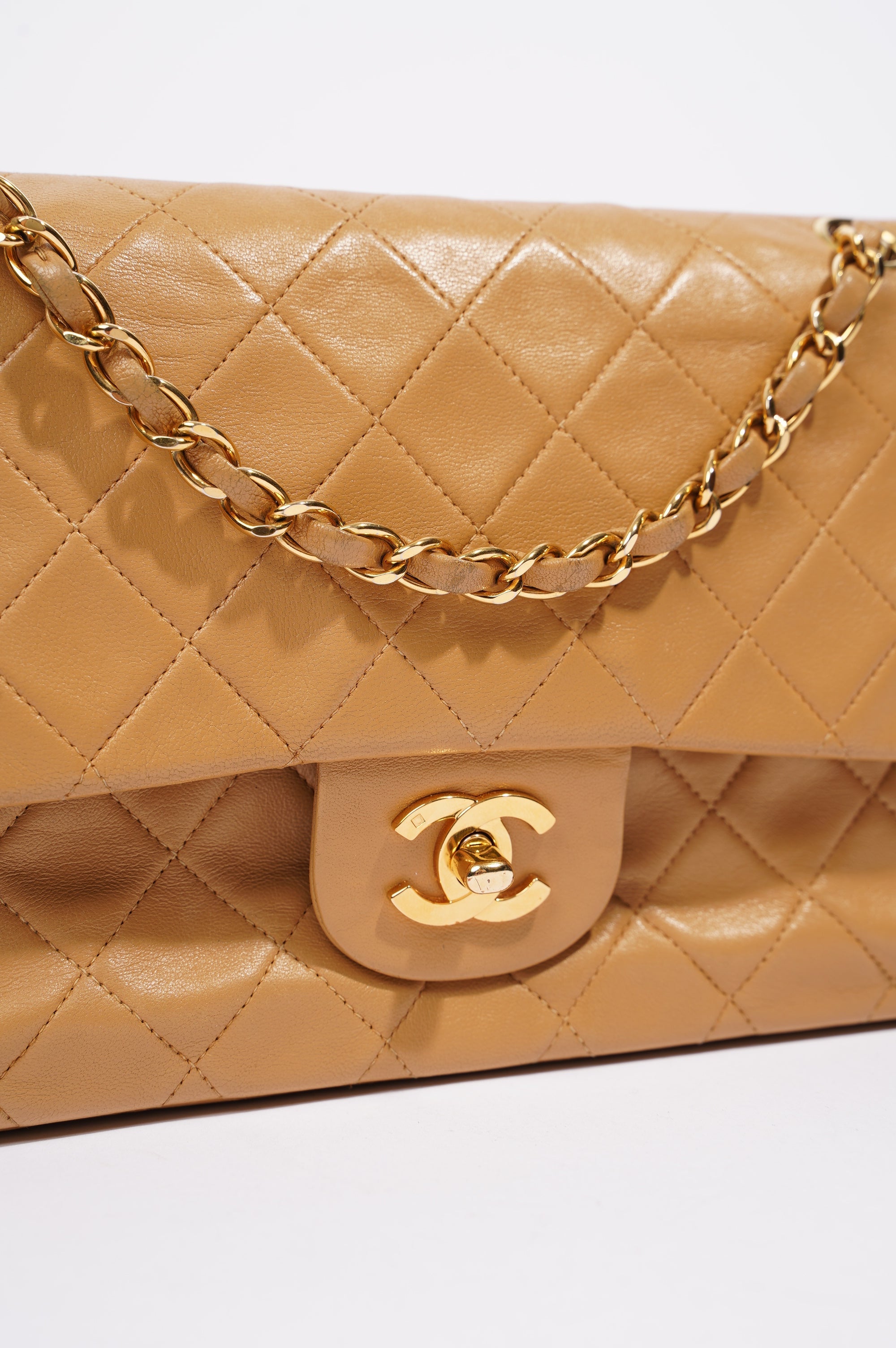 Chanel Womens Lambskin Classic Flap Beige Medium