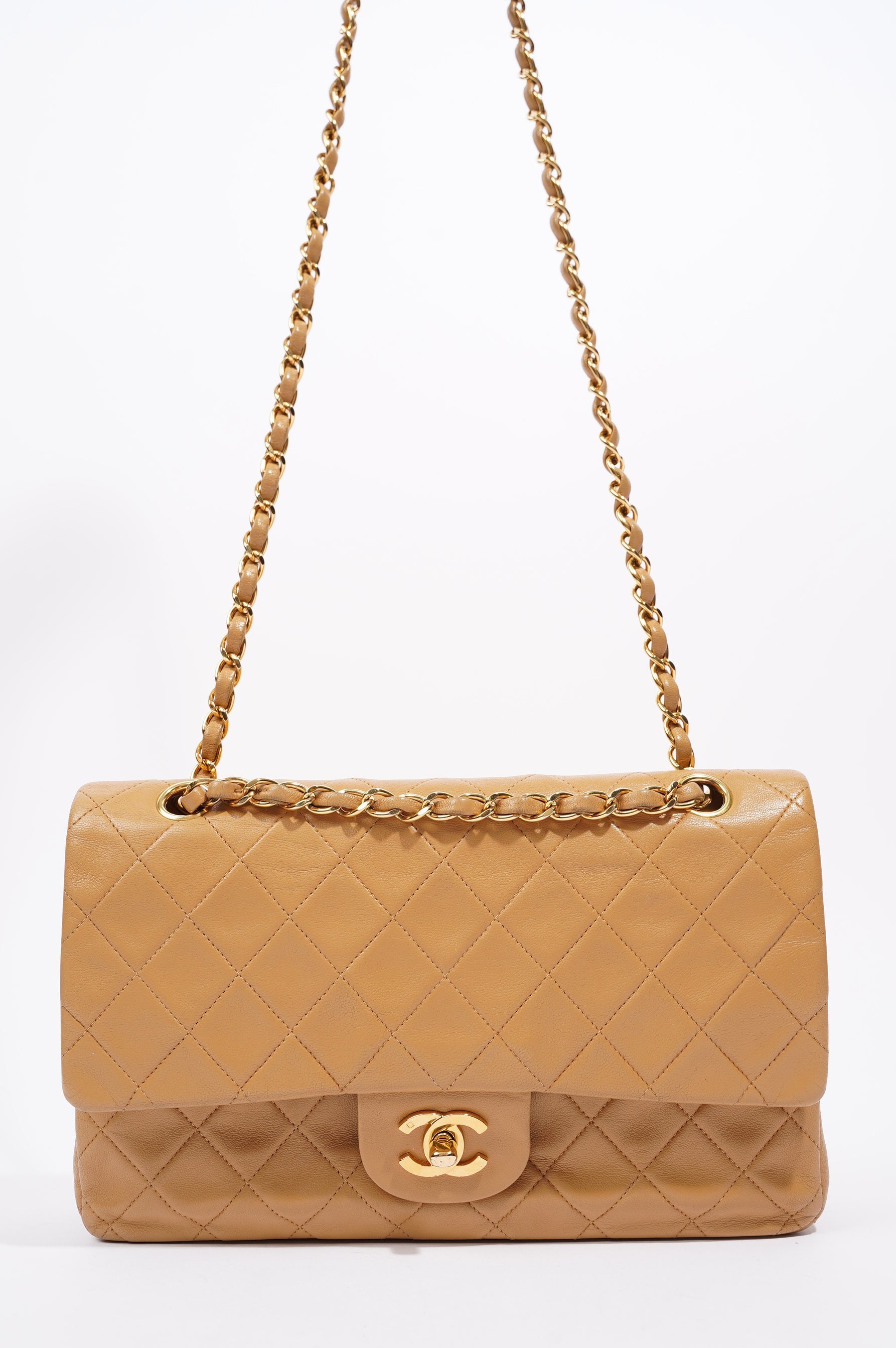 Chanel Womens Lambskin Classic Flap Beige Medium