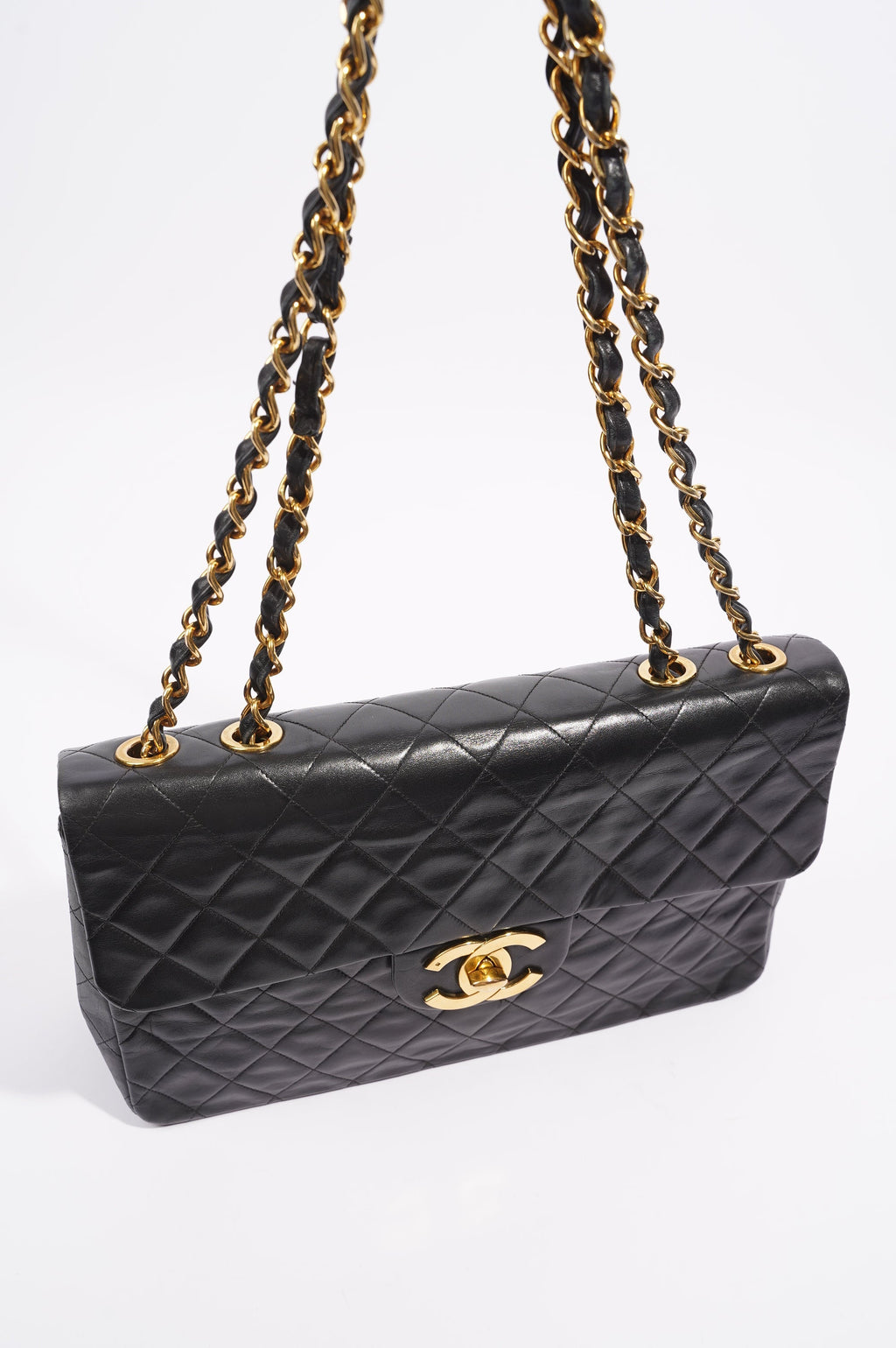 Chanel Womens Single Flap Black Lambskin / Gold Large