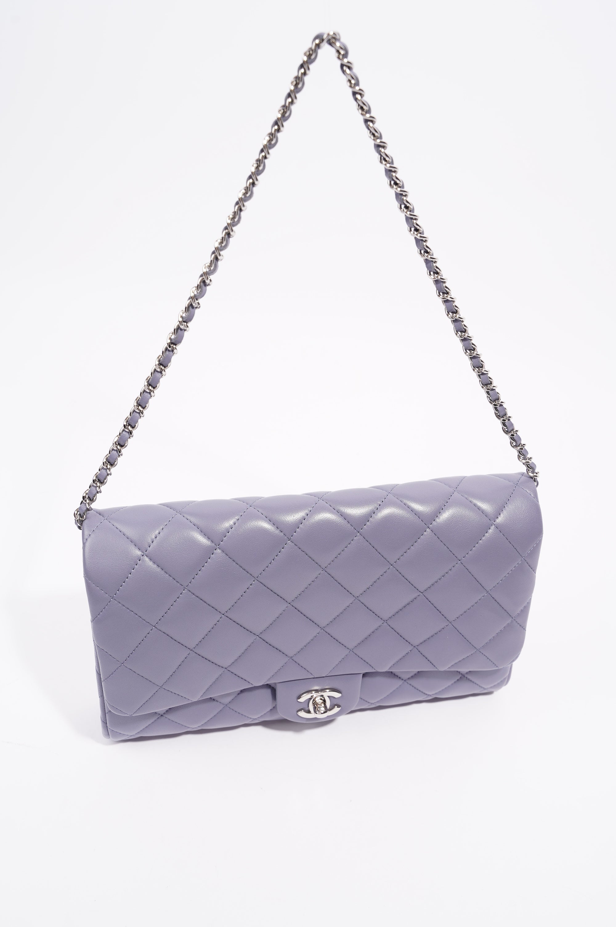 Chanel Womens Lambskin Clutch With Chain Lavender Large