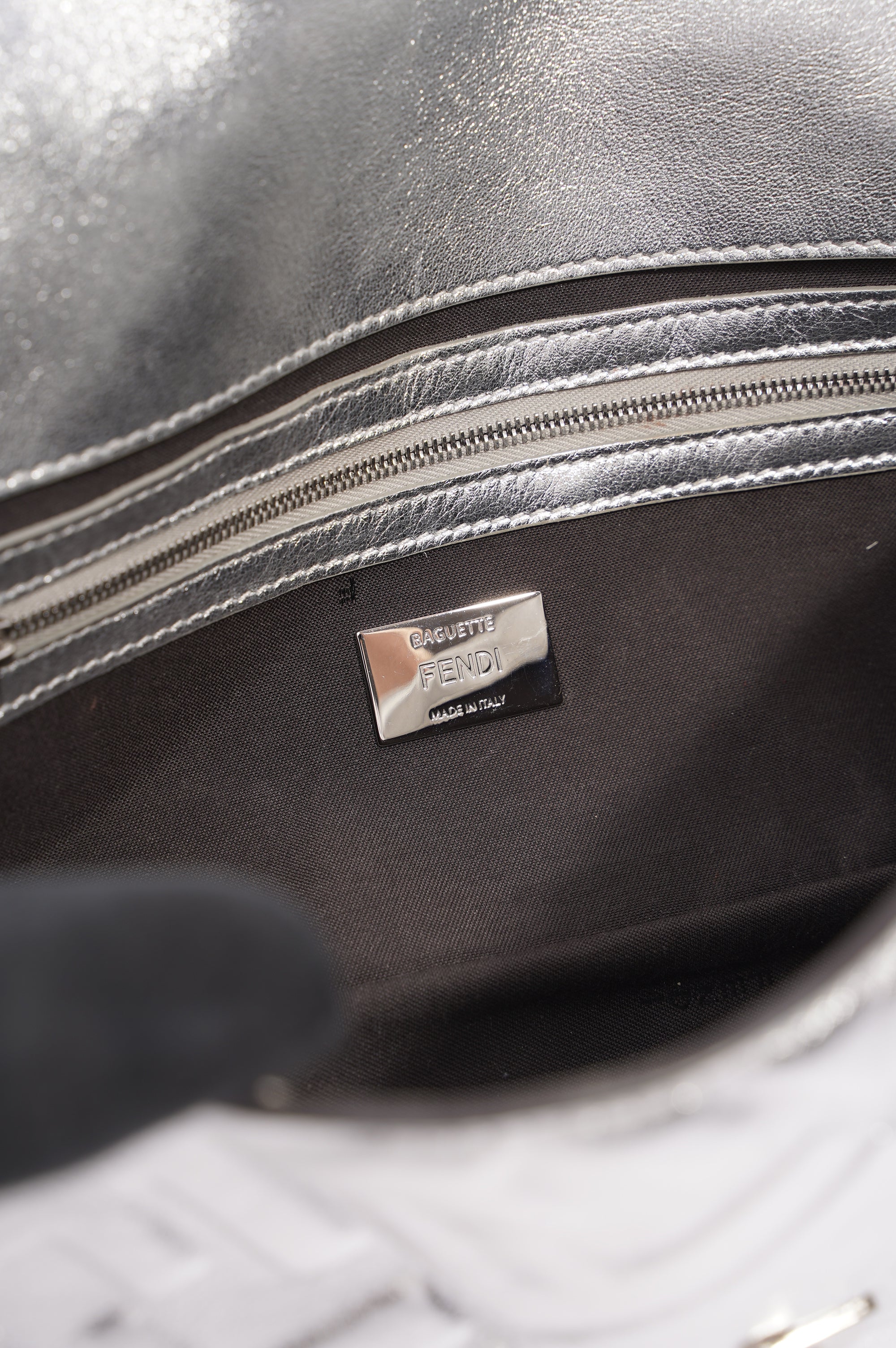 Fendi Womens Baguette Bag Silver Leather