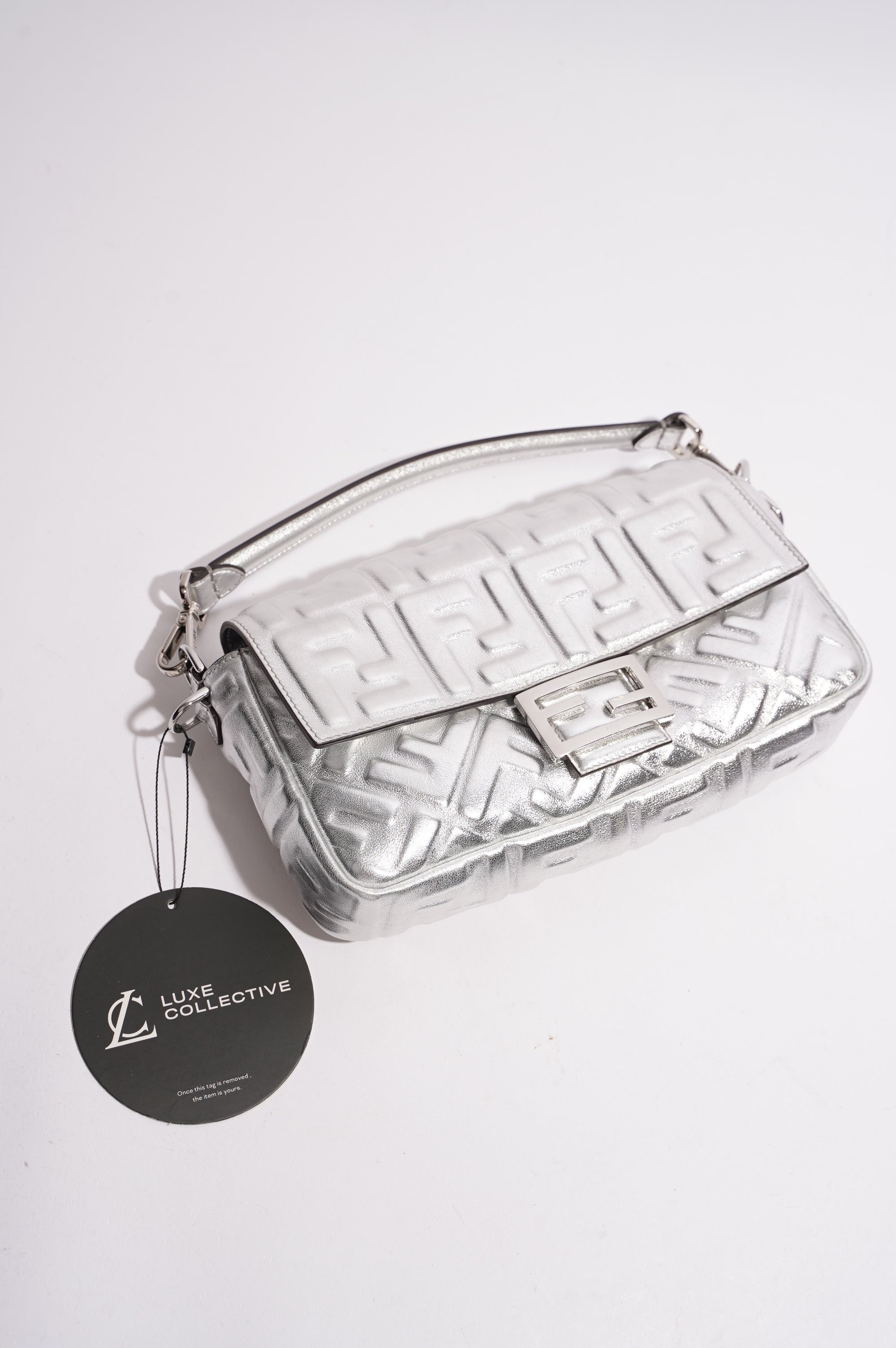 Fendi Womens Baguette Bag Silver Leather