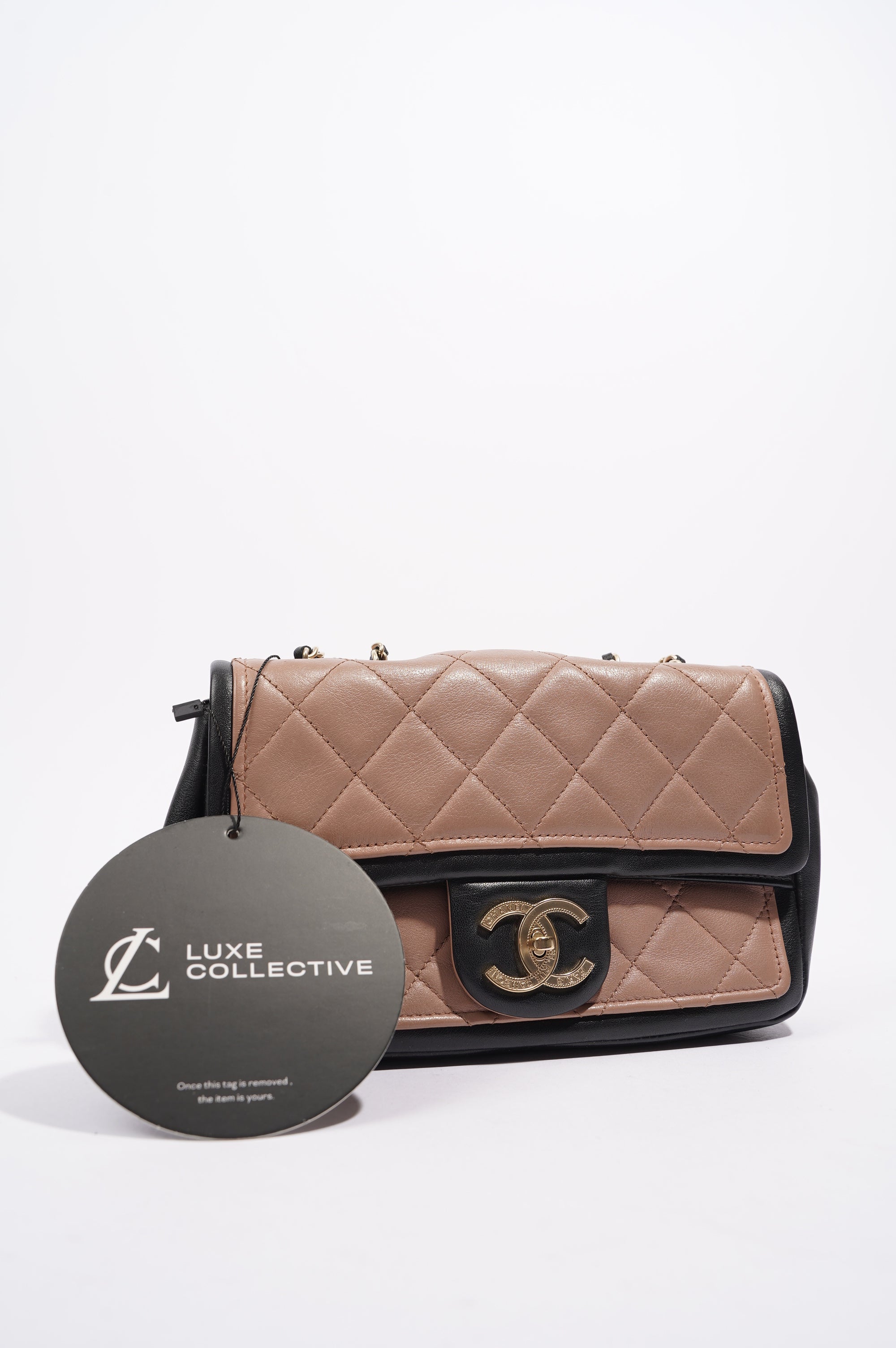 Chanel Womens Lambskin Quilted Two Tone Bag Nude / Black Small