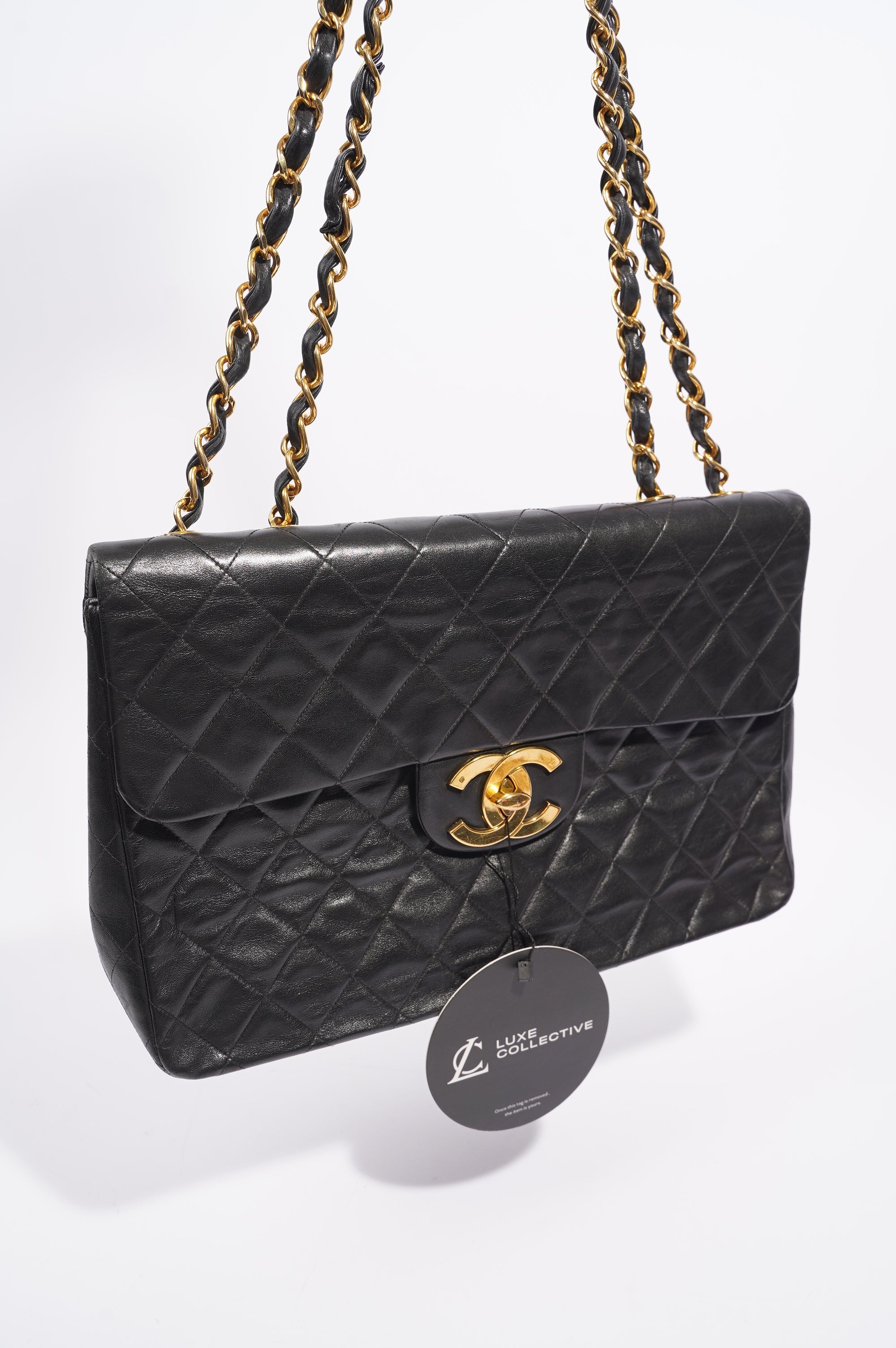 Chanel Womens Single Flap Black Lambskin / Gold Large