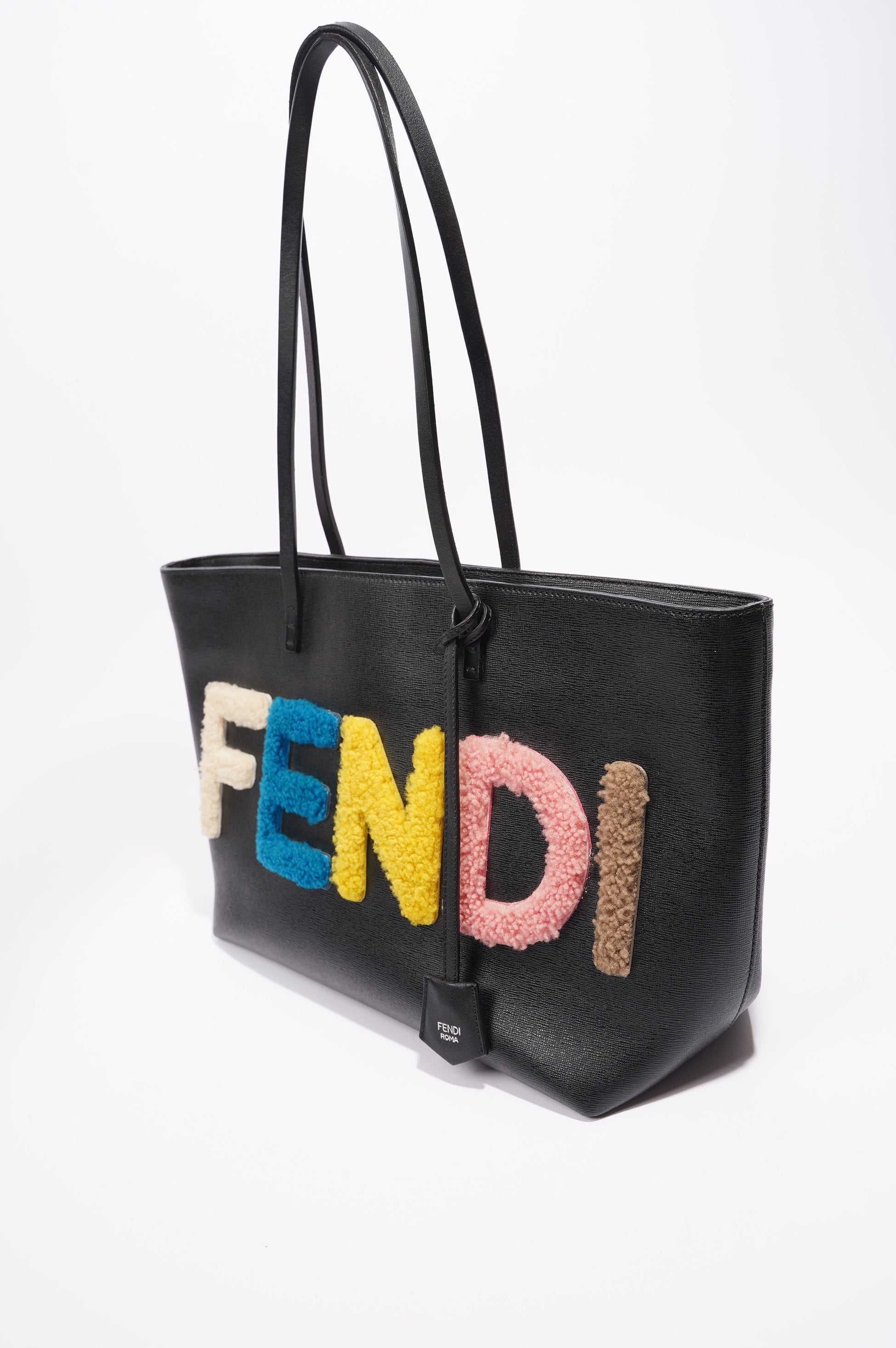 Fendi Logo Roll Tote Black Leather / Shearling Large