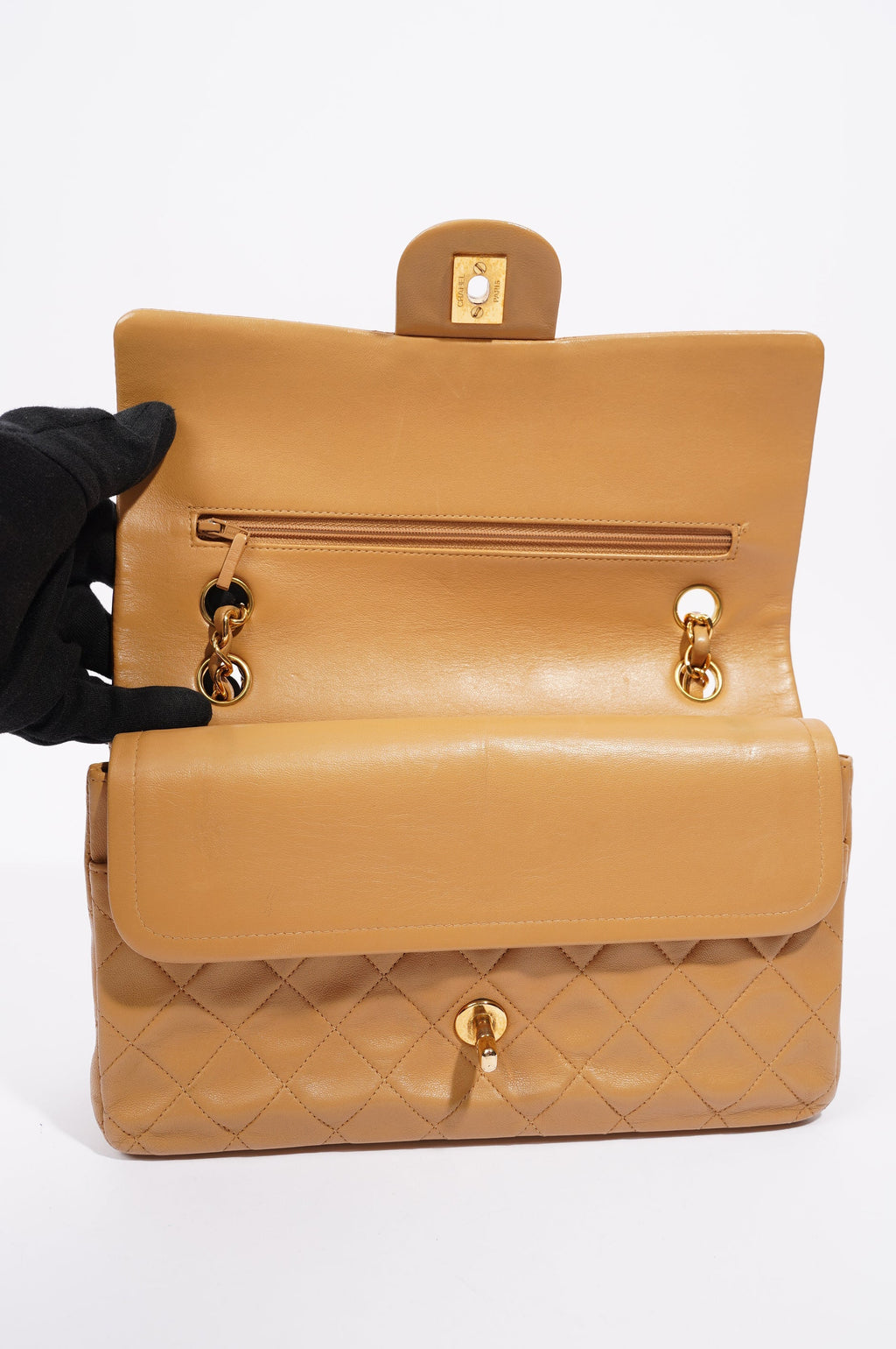 Chanel Womens Lambskin Classic Flap Beige Medium