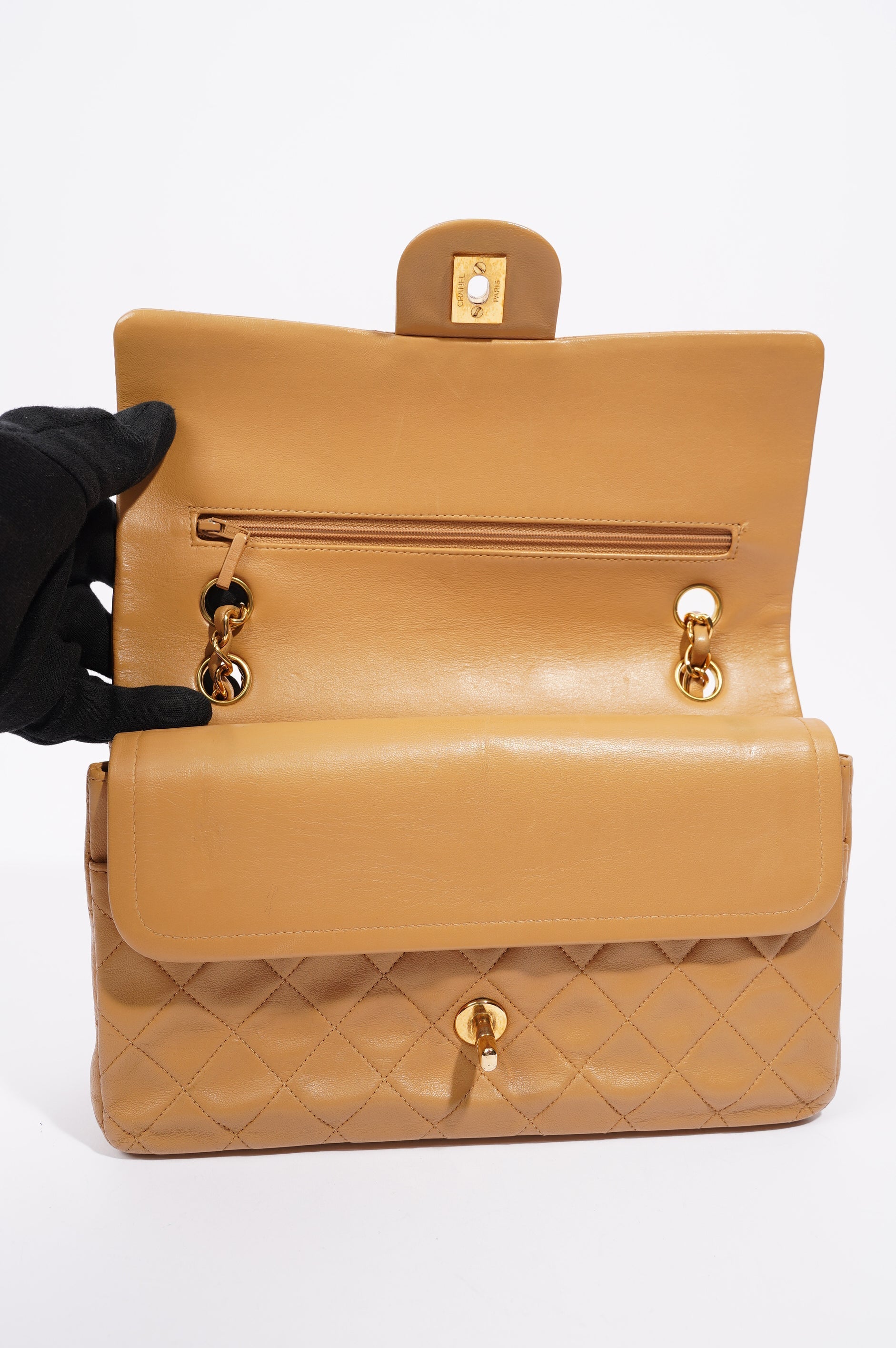 Chanel Womens Lambskin Classic Flap Beige Medium