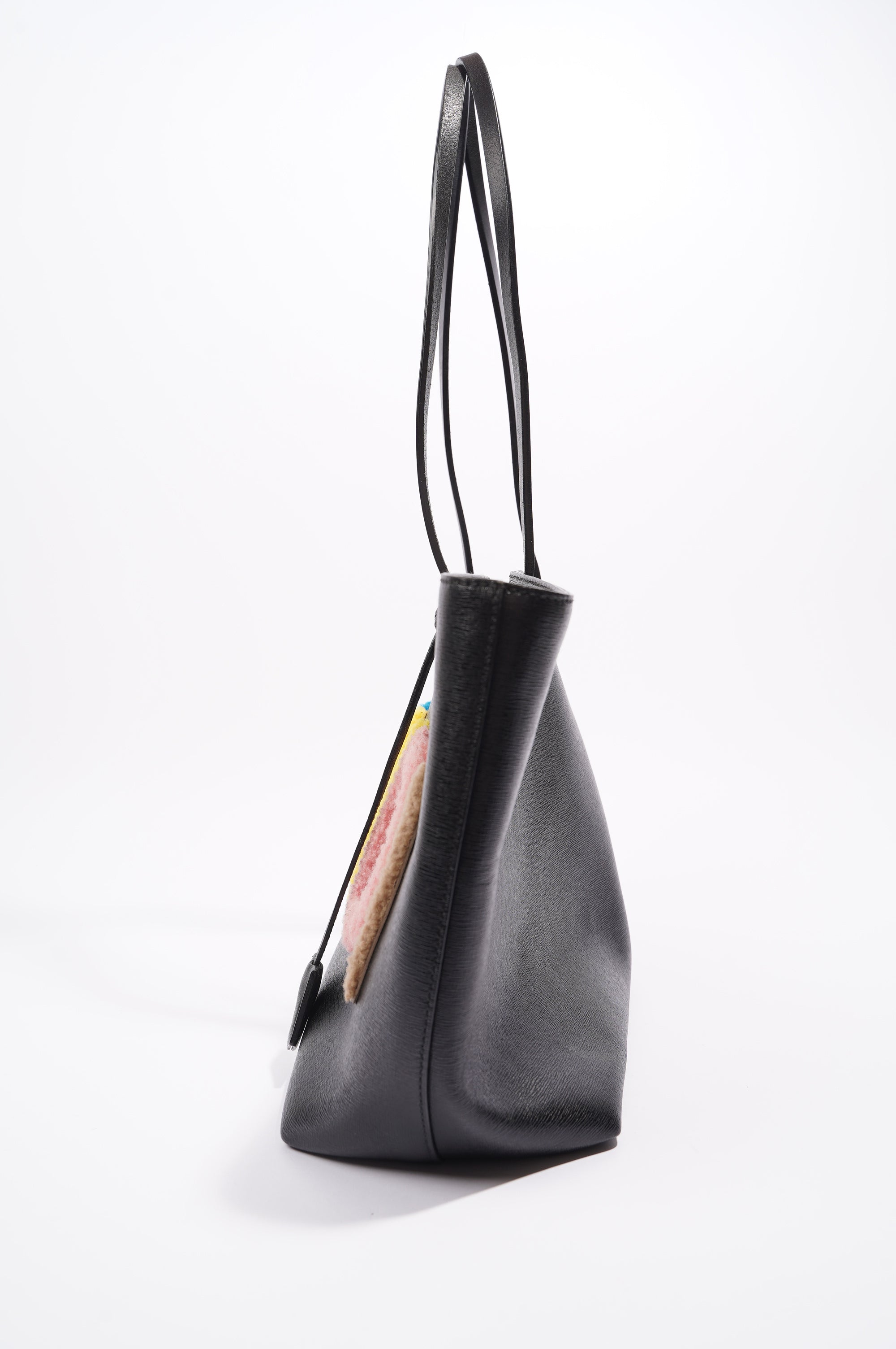 Fendi Logo Roll Tote Black Leather / Shearling Large