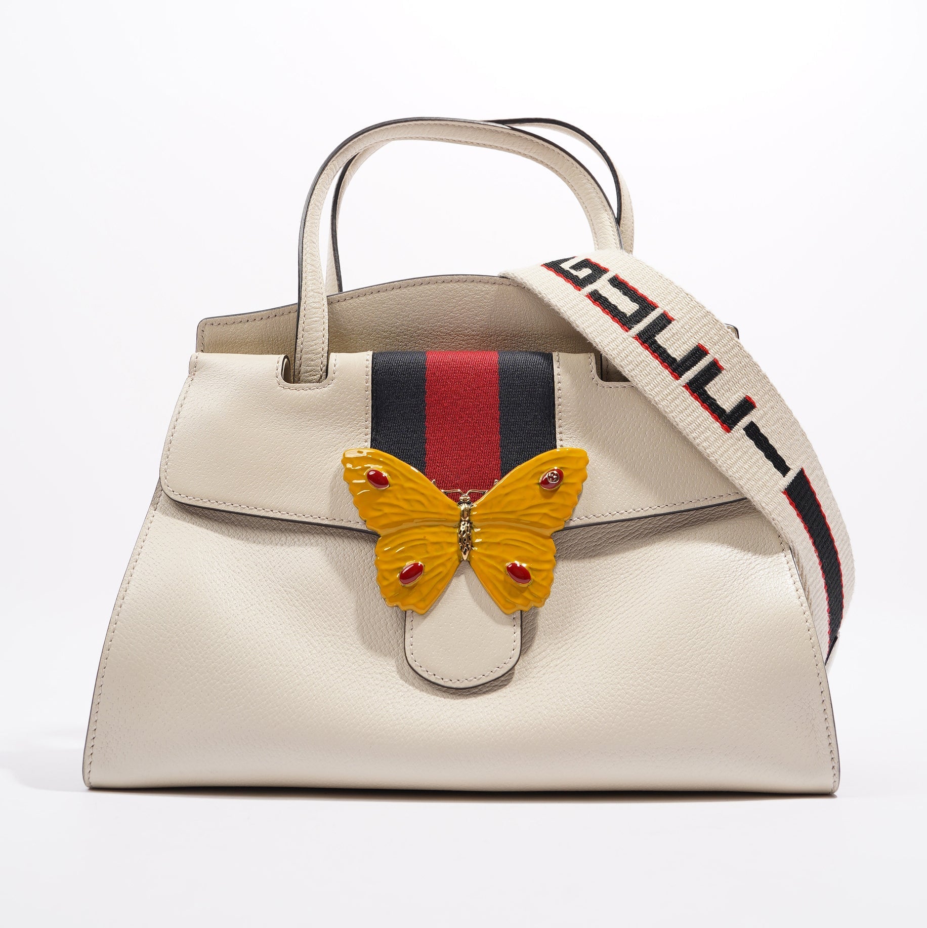 Gucci Totem Web Stripped Butterfly Bag White Leather Medium