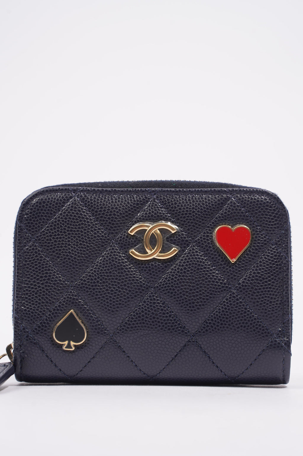 Chanel Womens Caviar Leather Purse Navy Hearts