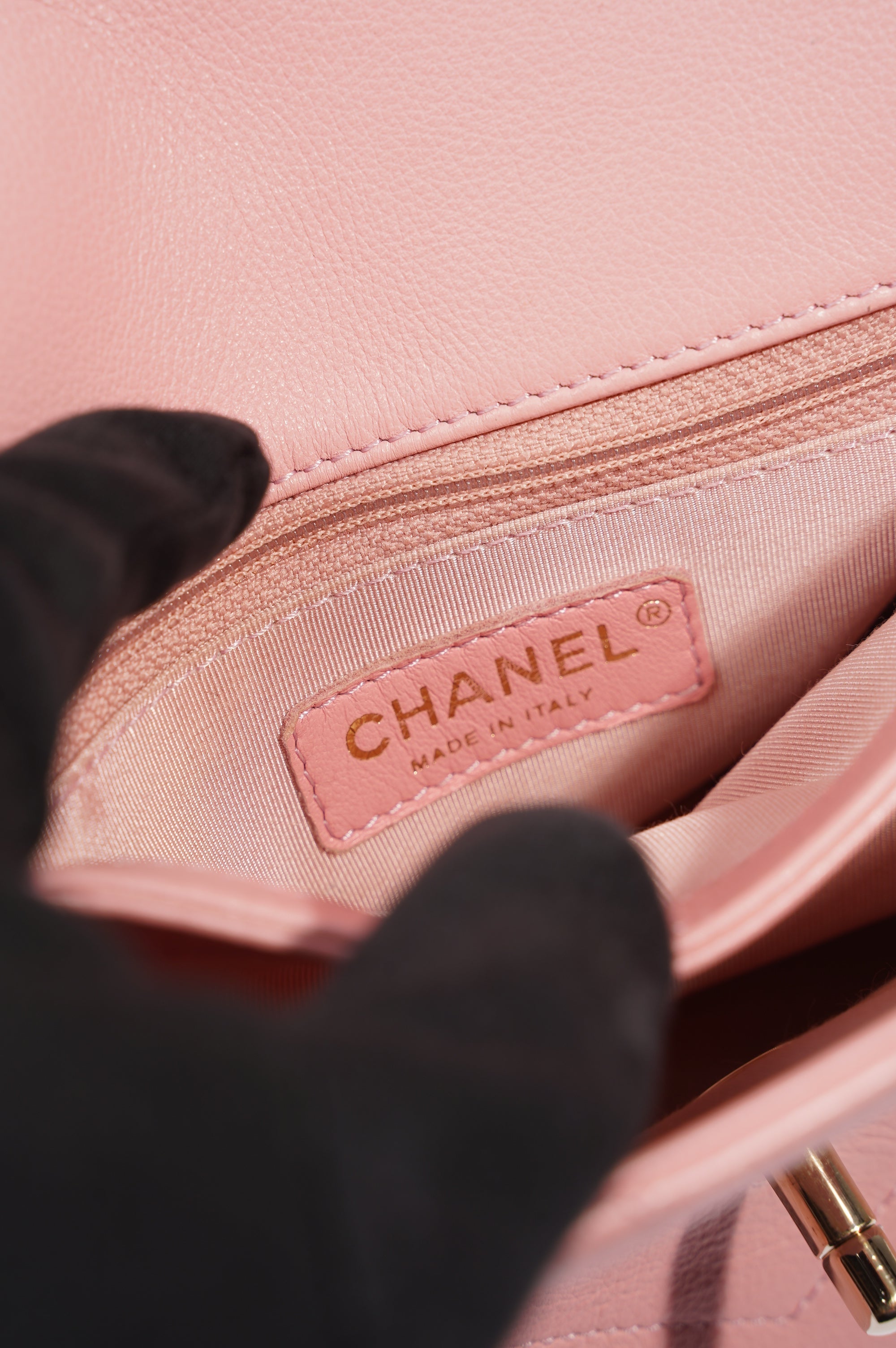 Chanel Womens Chevron Chic Top Handle Bag Pink Caviar Small