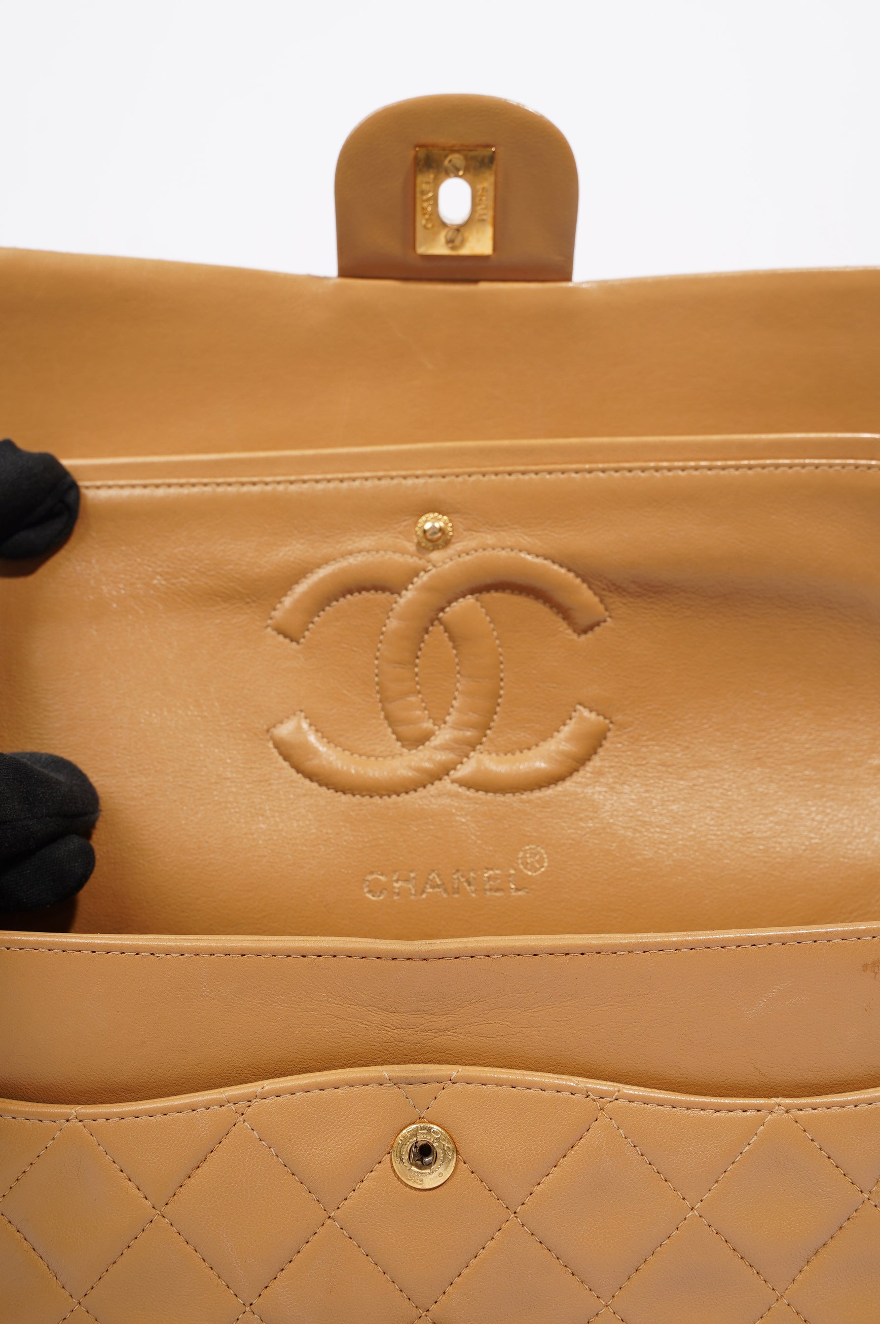 Chanel Womens Lambskin Classic Flap Beige Medium