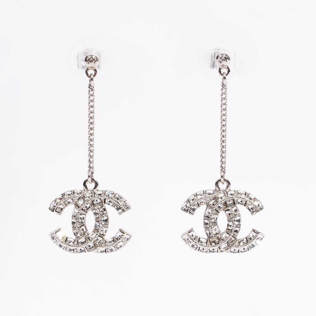 Chanel Womens CC Drop Earrings Silver