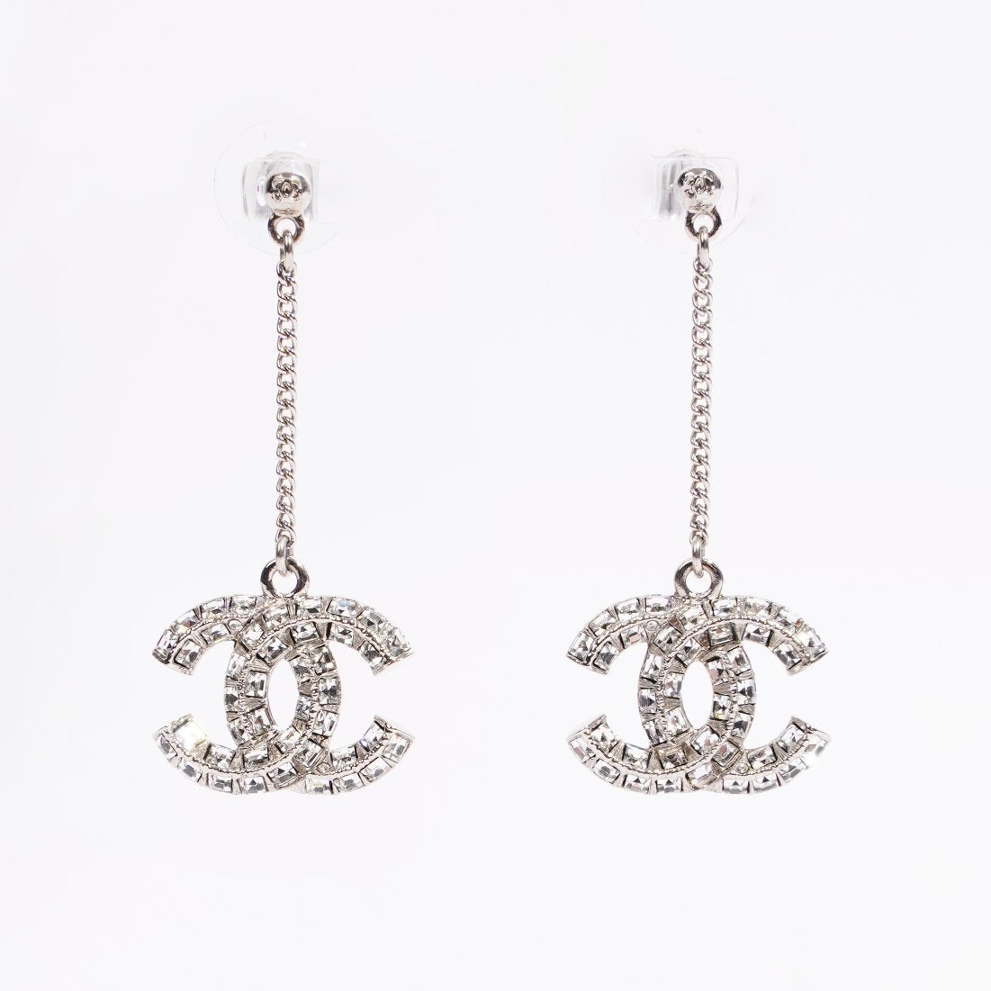 Chanel Womens CC Drop Earrings Silver