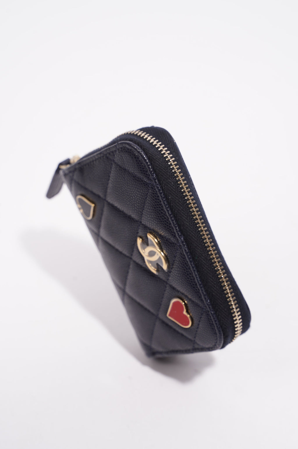 Chanel Womens Caviar Leather Purse Navy Hearts