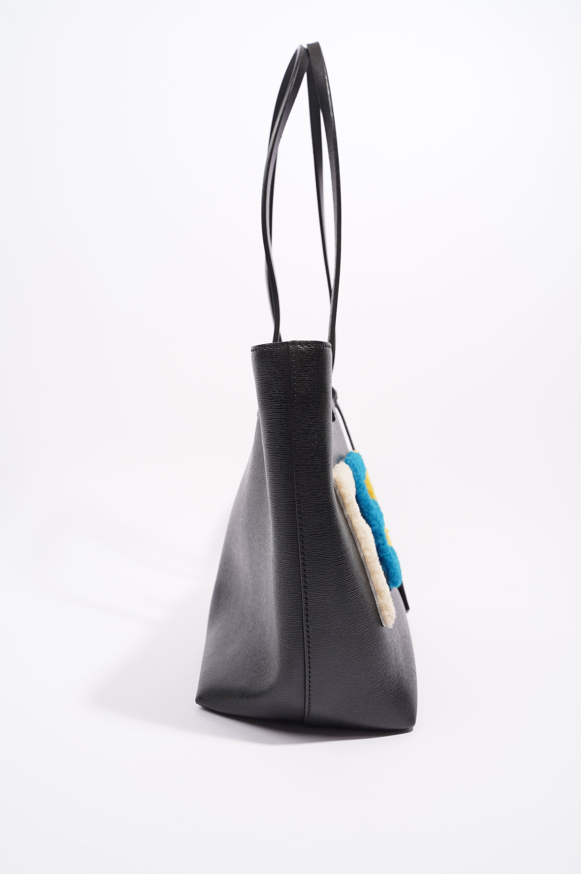 Fendi Logo Roll Tote Black Leather / Shearling Large