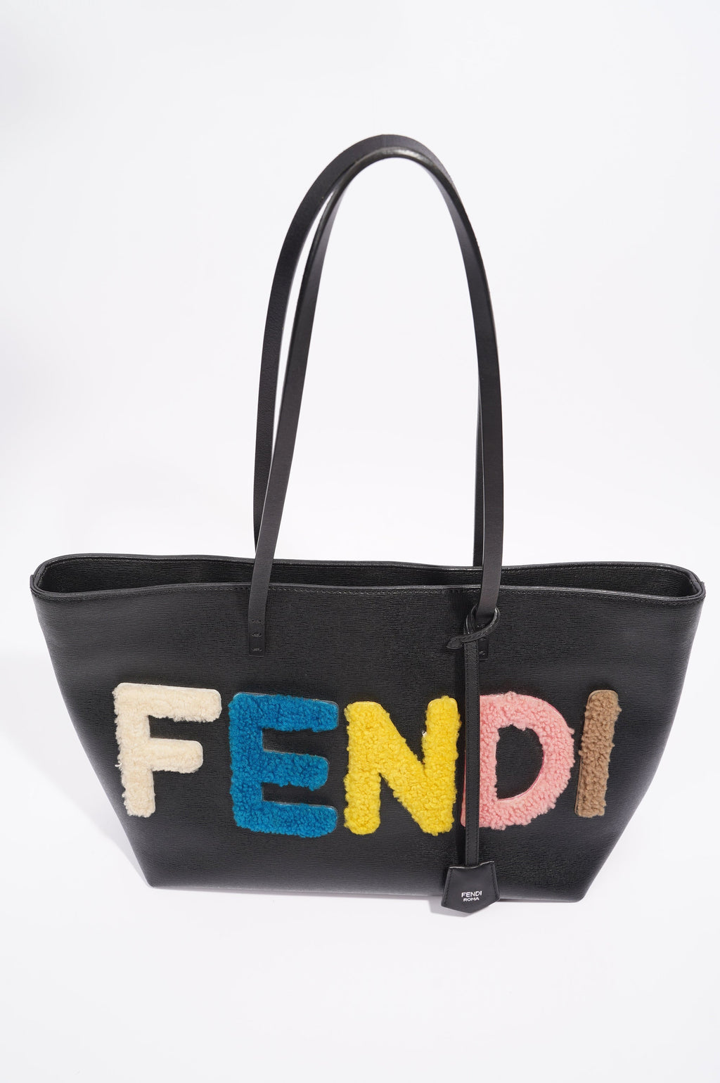 Fendi Logo Roll Tote Black Leather / Shearling Large