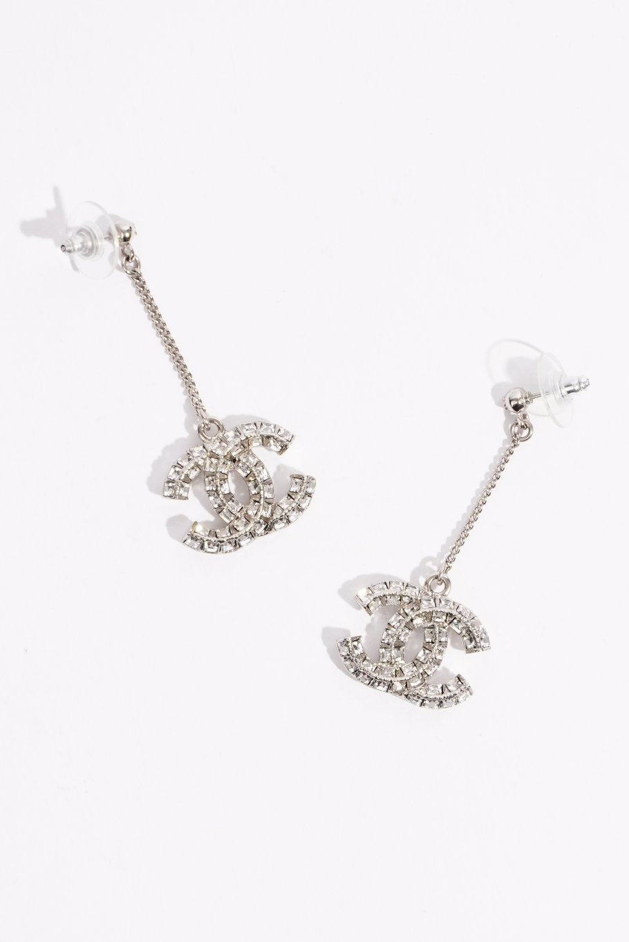 Chanel Womens CC Drop Earrings Silver