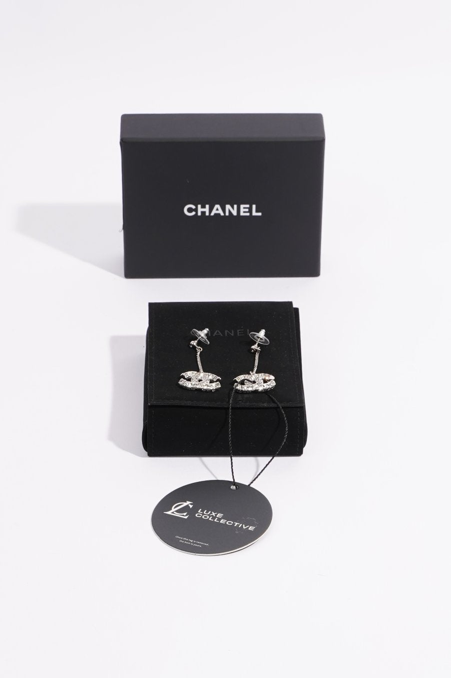 Chanel Womens CC Drop Earrings Silver
