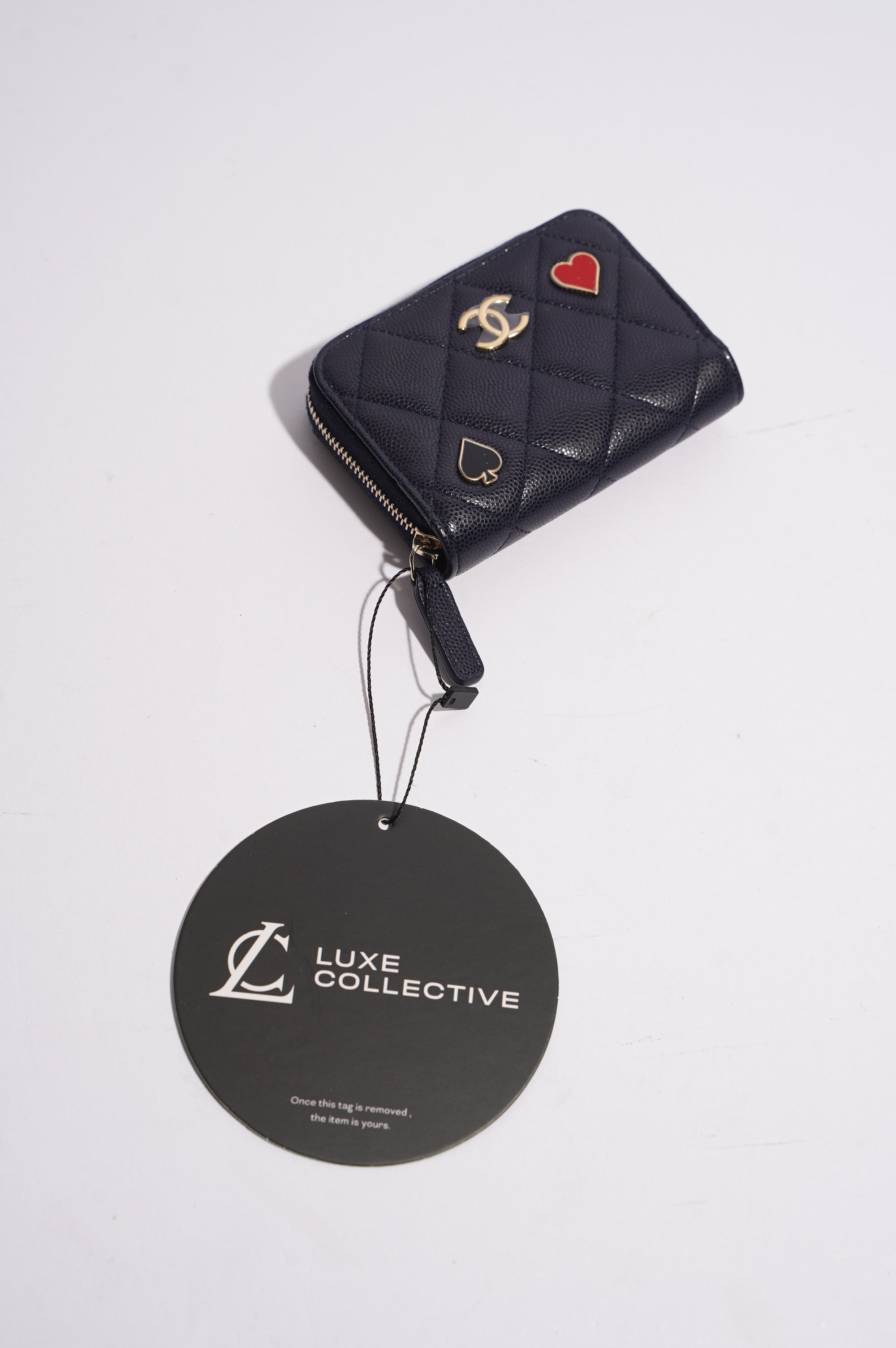 Chanel Womens Caviar Leather Purse Navy Hearts