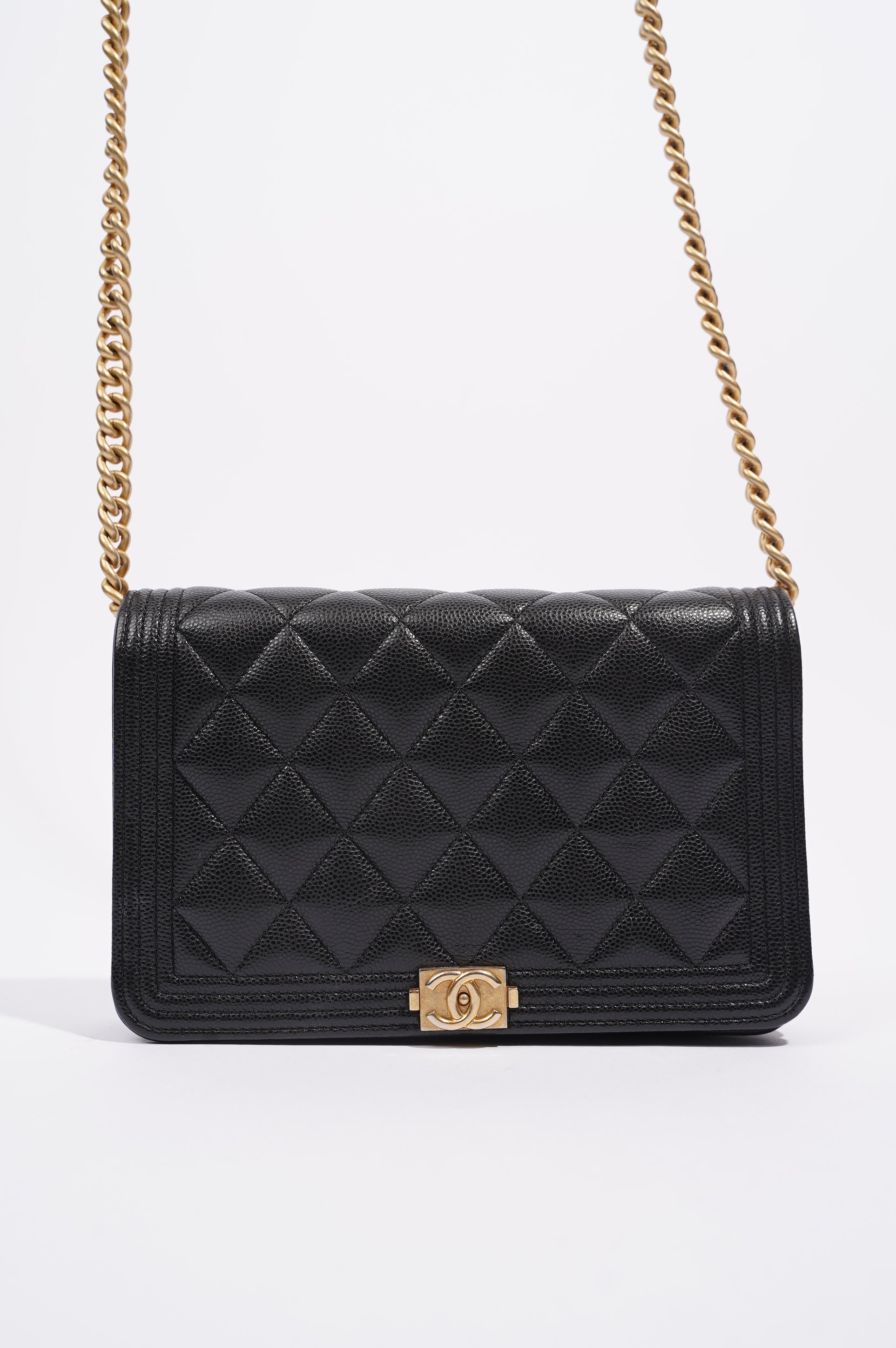 Chanel Womens Boy Wallet On Chain Black Caviar / Gold