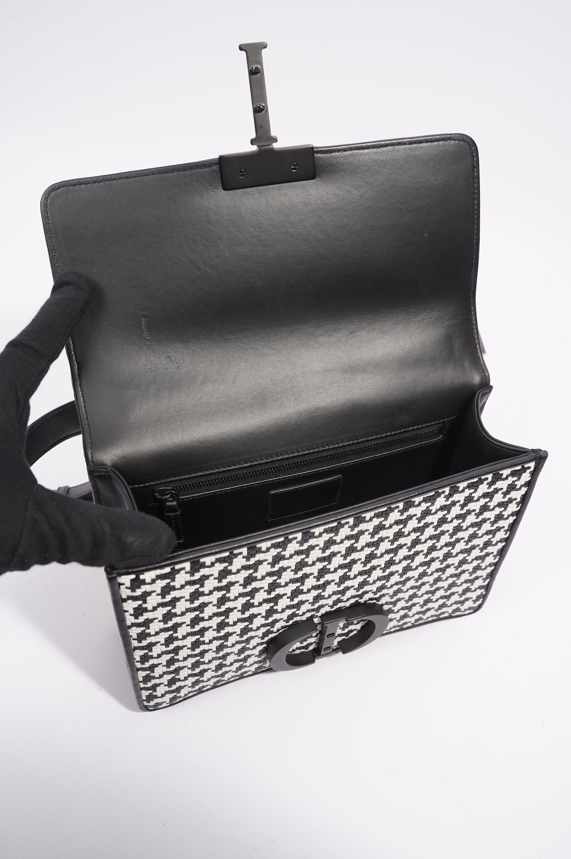 Christian Dior Womens Houndstooth 30 Montaigne Flap Bag Black / White