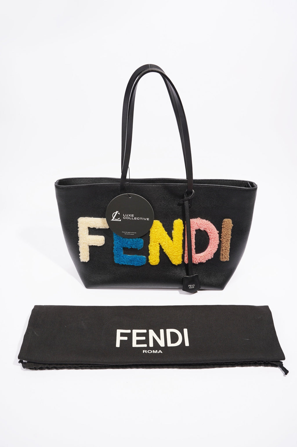 Fendi Logo Roll Tote Black Leather / Shearling Large