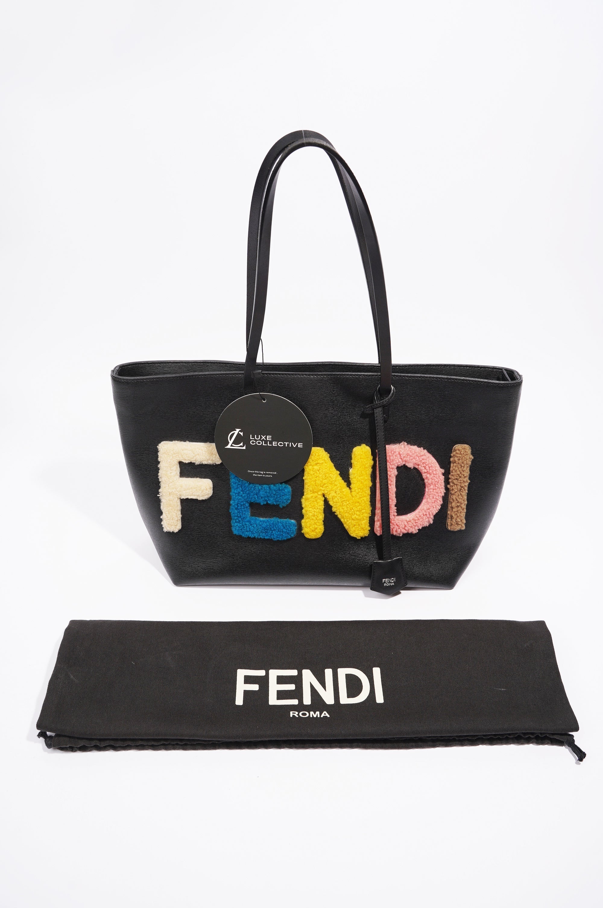Fendi Logo Roll Tote Black Leather / Shearling Large