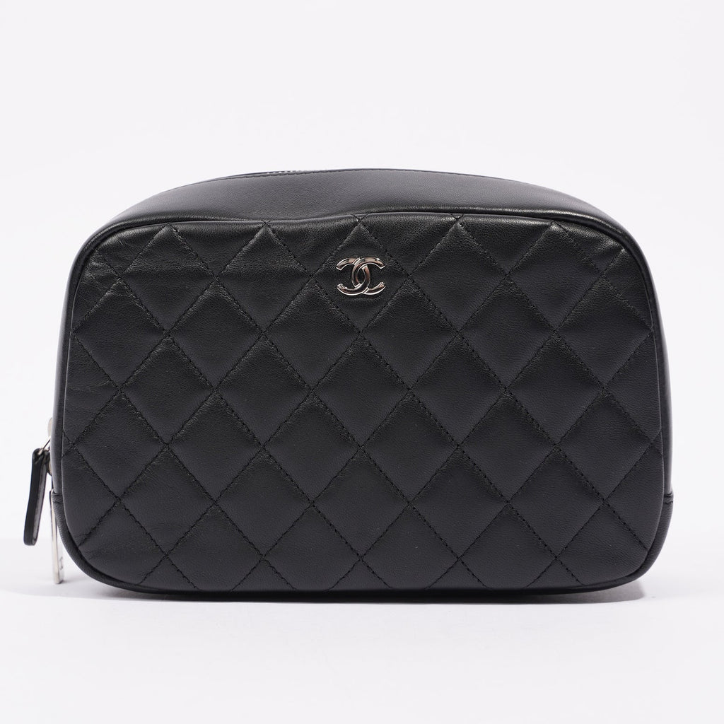 Chanel Womens Lambskin O Case Zip Around Cosmetic Case Black