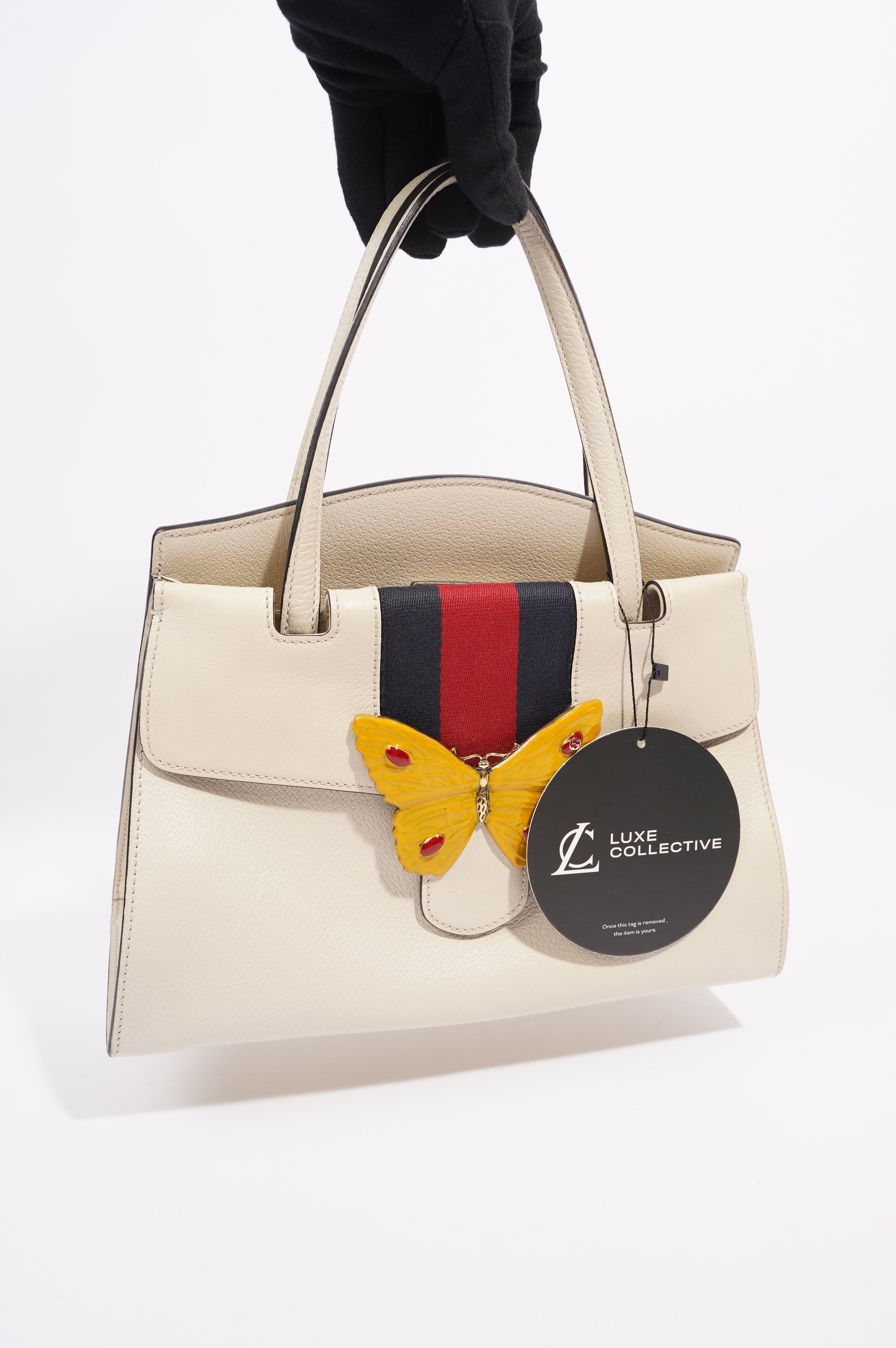 Gucci Totem Web Stripped Butterfly Bag White Leather Medium