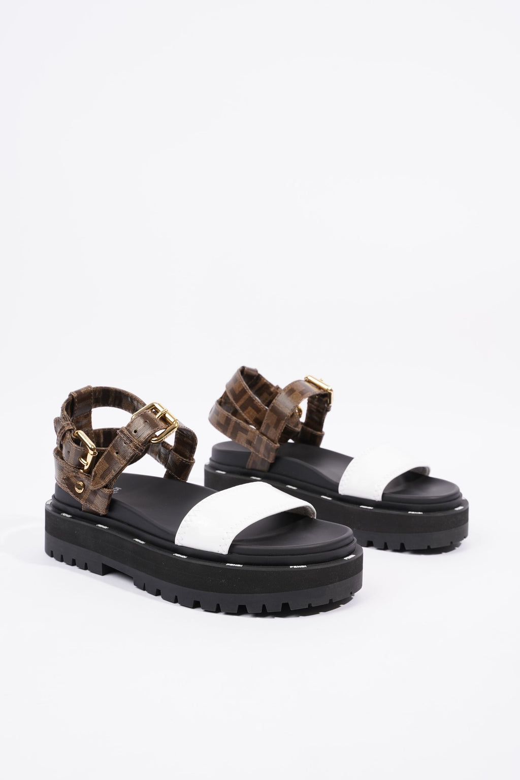 Fendi Womens F Frame Flatform Sandal Black / Brown / White EU 37 / UK 4